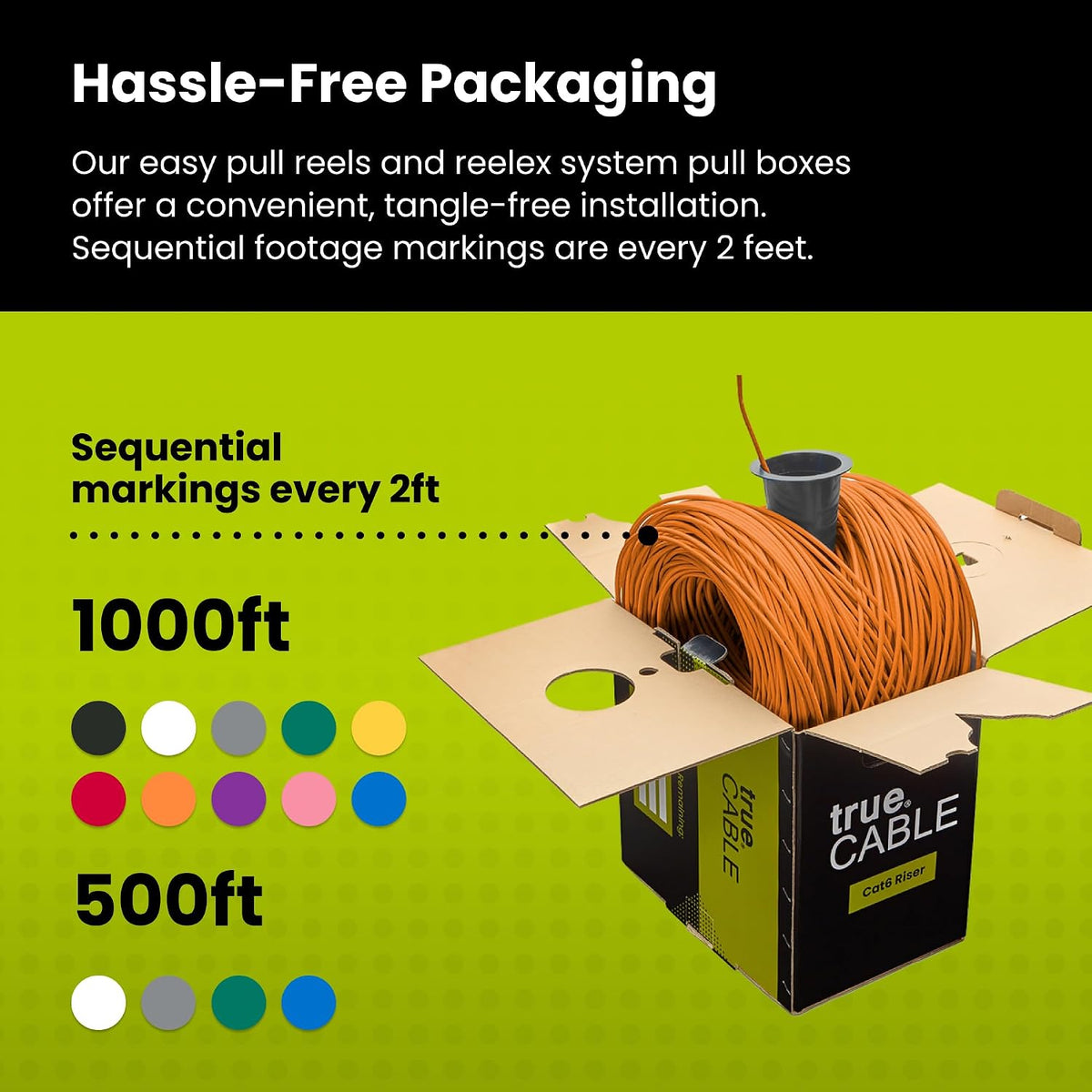 trueCABLE Cat6 Riser (CMR), 1000ft, Orange, 23AWG 4 Pair Solid Bare Copper, 550MHz, PoE++ (4PPoE), ETL Listed, Unshielded Twisted Pair (UTP), Bulk Ethernet Cable