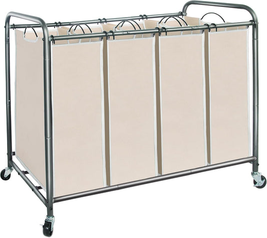 STORAGE MANIAC Laundry Sorter 4 Section, 47.8 Gal (181 L) Laundry Hamper with Wheels, Clothes Divider Basket Sorter, Clothes Separator Hamper Cart with Wheels and Removable Bags, Beige