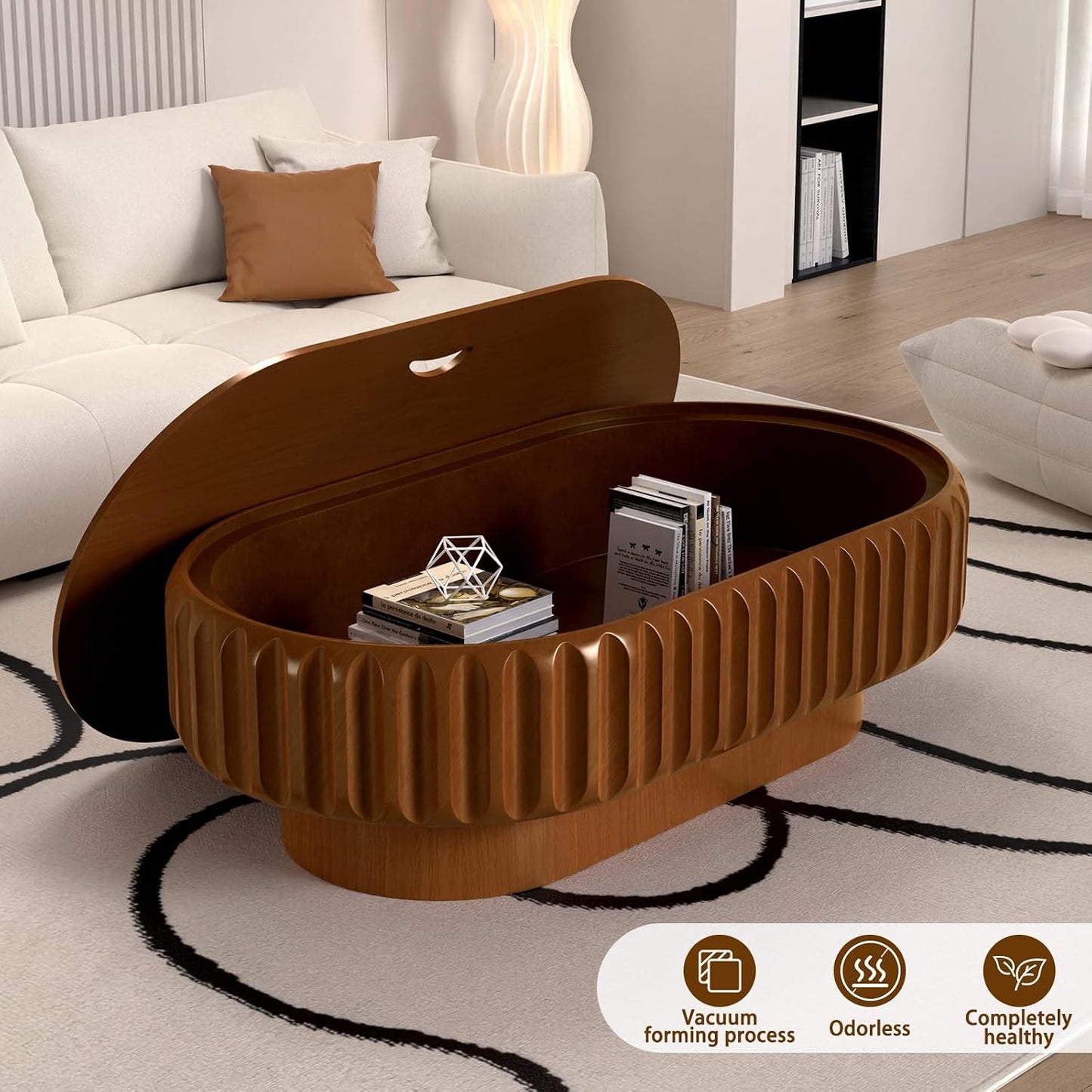 43.3 Inch Oval Drum Coffee Table with Storage (A Brown 43.3 in) | Handcraft Fluted Modern Wooden Cocktail Table, Sturdy Pedestal, Oval Center Table for Living Room, Apartment Organization
