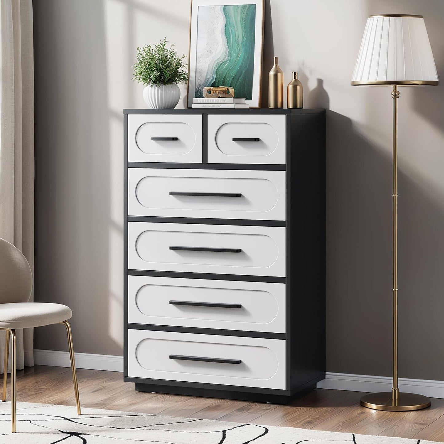 6 Drawer Dresser for Bedroom, 44" Tall Modern Chest of Drawers with Solid Wood Handle, Large Wood Storage Dresser Organizer for Bedroom, Living Room, Natural Oak