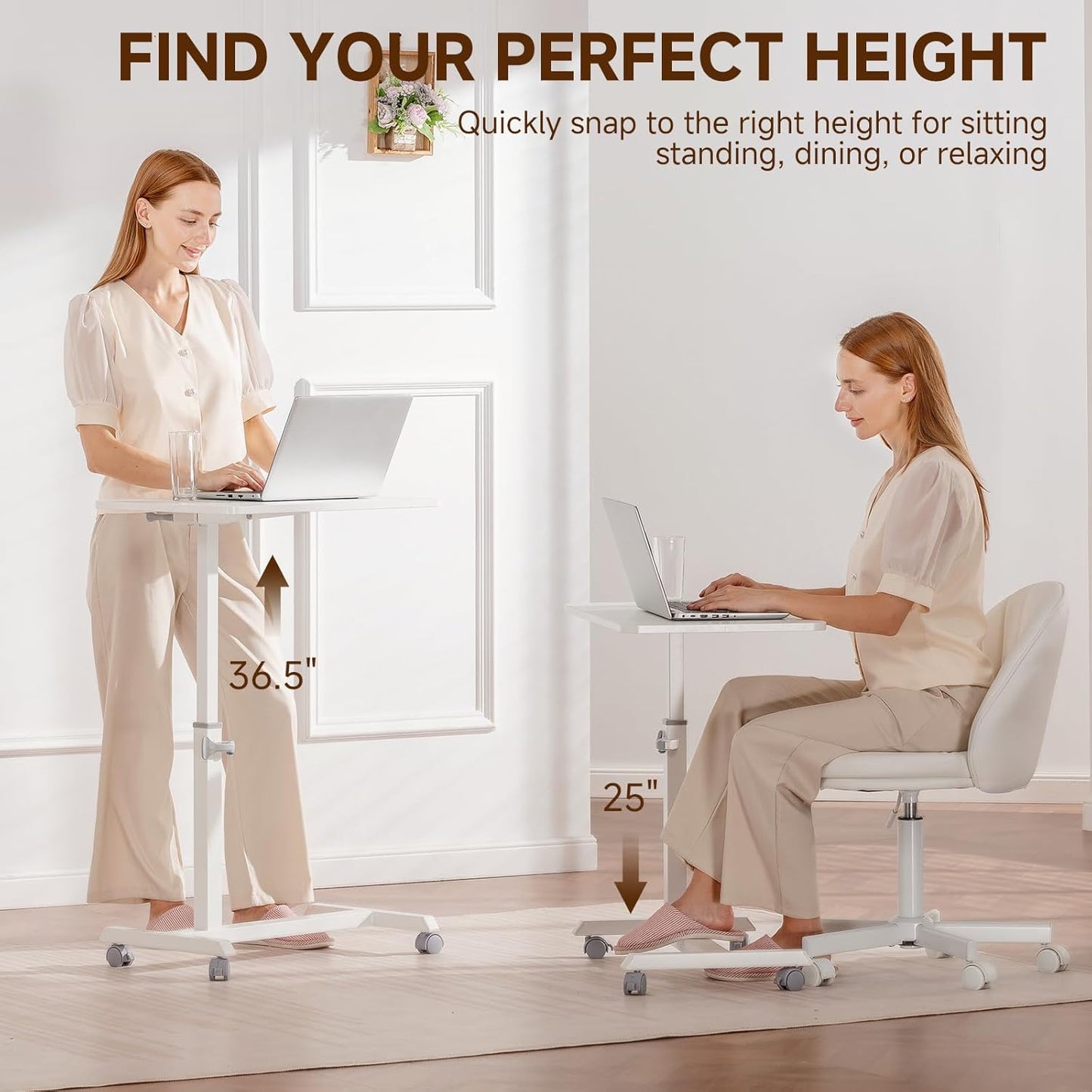 GTPLAYER Small Standing Desk, 24 Inches Foldable Mobile Rolling Laptop PC Table with Lockable Casters, Adjustable Height Overbed Bedside Table Computer Workstation for Home Office, White-Foldable