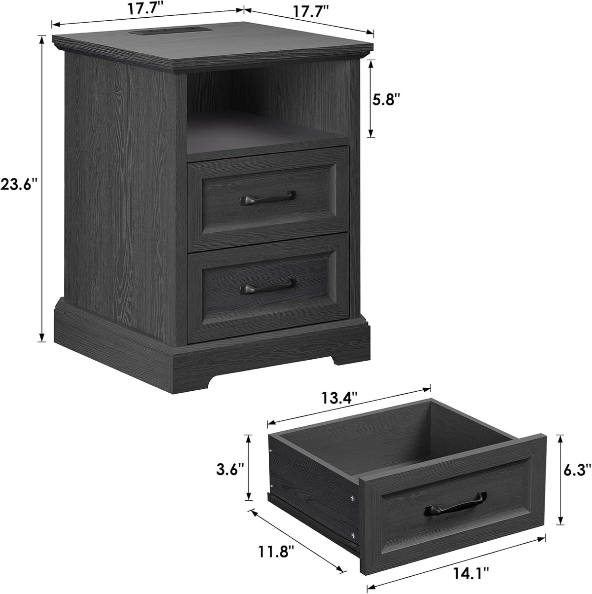 HOMMPA Farmhouse Nightstand w/Charging Station, Open Shelf 23.6''H Black