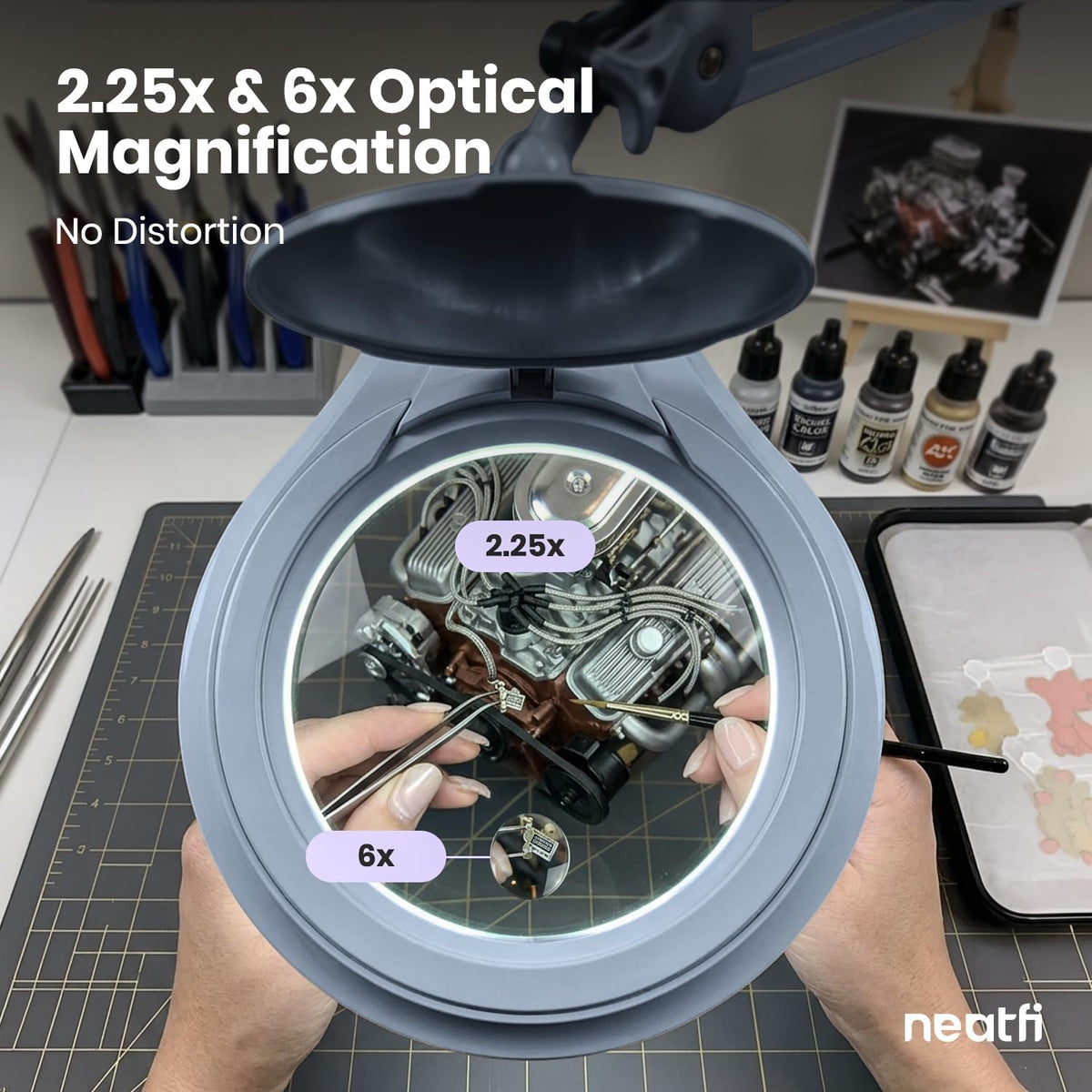 Neatfi LED Bifocal Magnifying Lamp 1,200 Lumens – 5” Glass Lens, Dual Magnification 2.25X/6X, Dimmable | Adjustable Arm with Clamp | Crafting, Jewelry & Reading (5 Diopter + 20 Diopter, Gray)