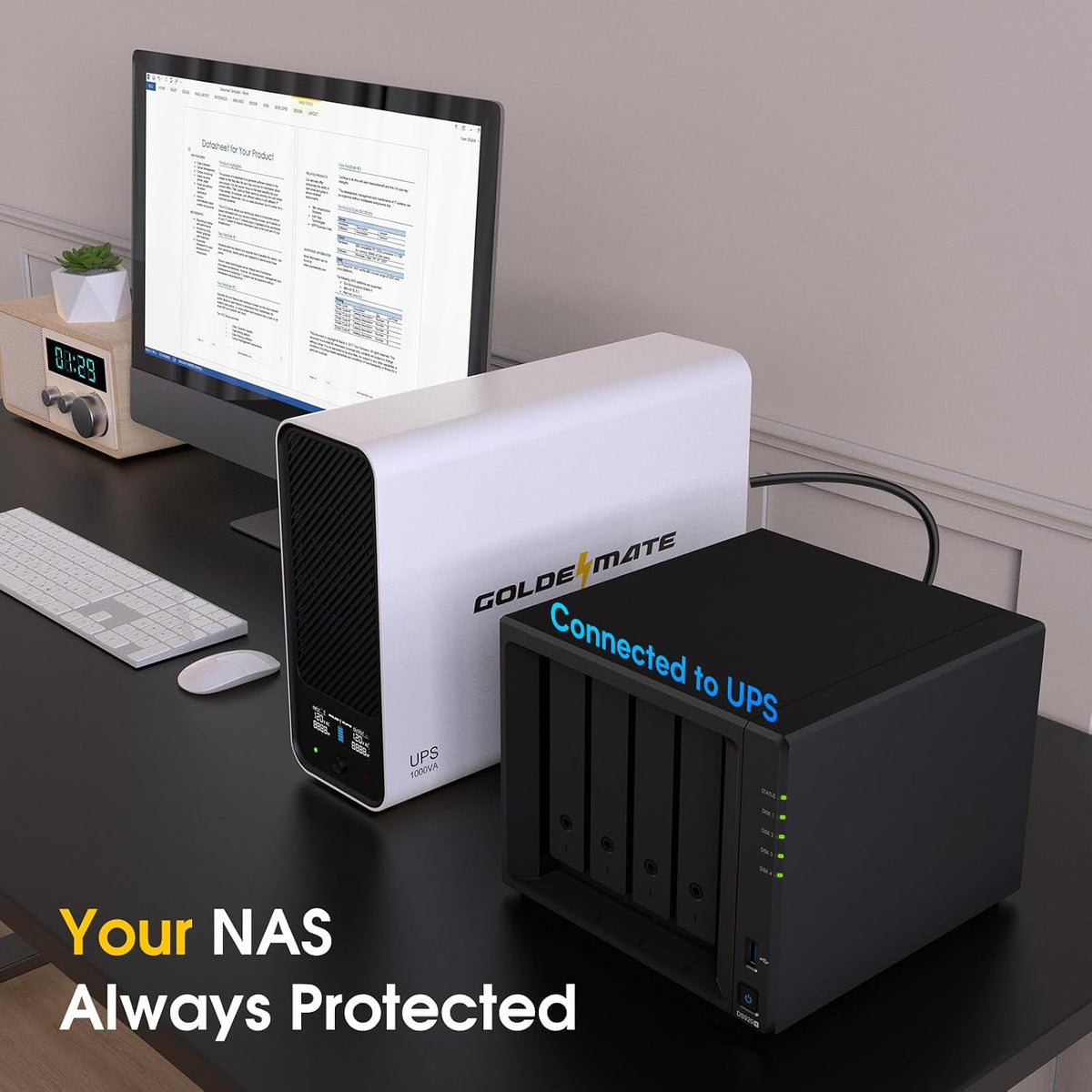 GOLDENMATE 1000VA/600W Lithium UPS Battery Backup & Surge Protector, White