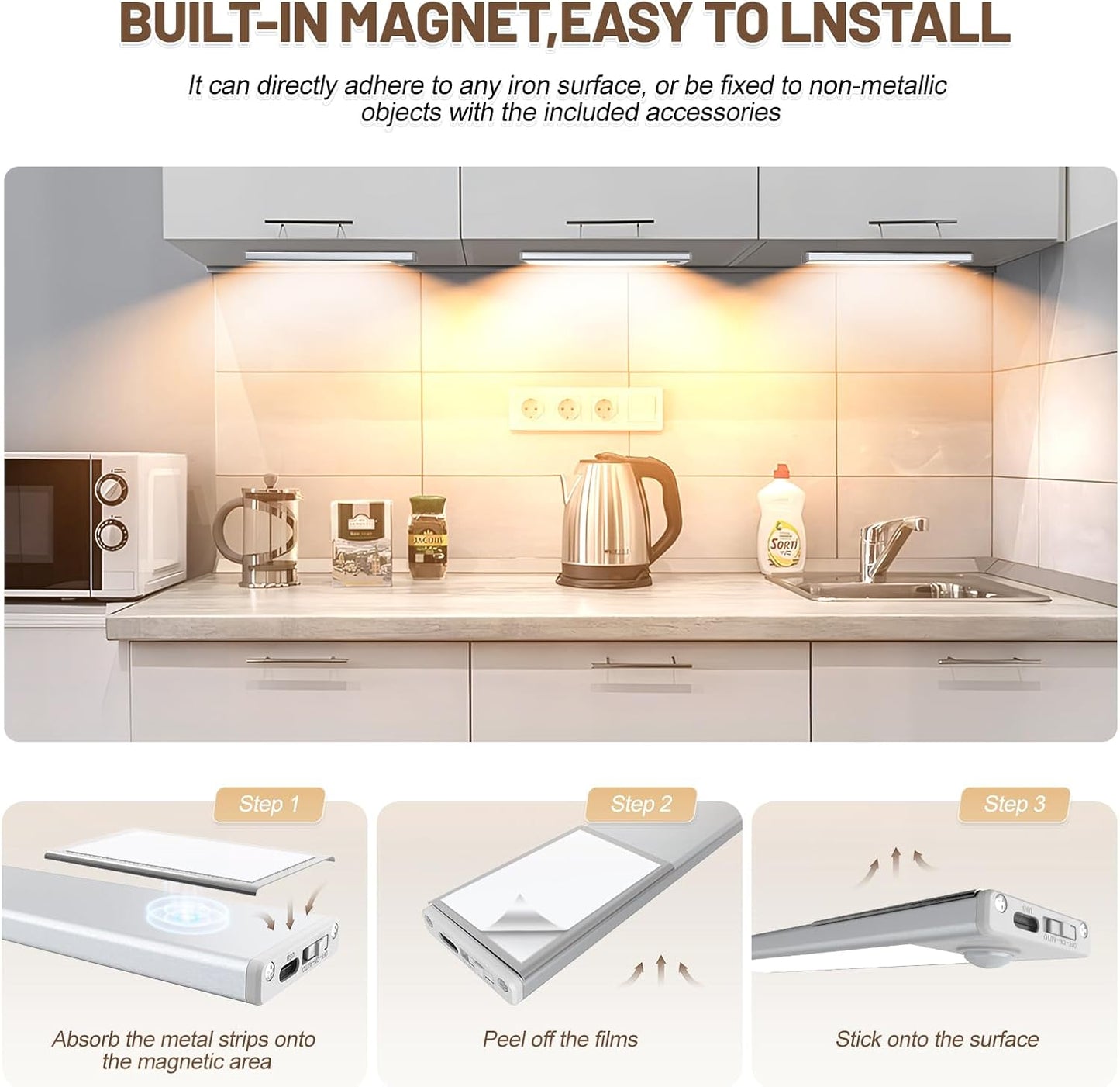 6 Pack Under Cabinet Lighting Wireless, 32 LED Rechargeable Battery Motion Sensor Light Indoor, Stick On Magnetic Closet Lights, Under Counter Lights for Kitchen, Stairs, Warm 8 in