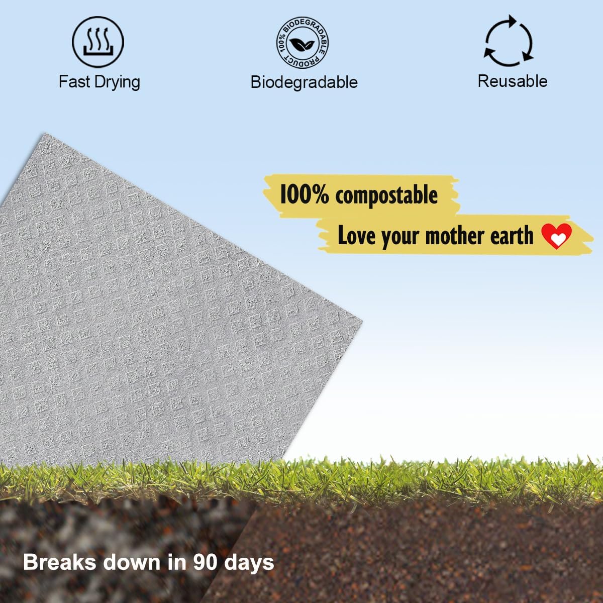 MoLKENE Swedish Dishcloths for Kitchen | 10 Pack Absorbent Cellulose Sponge Cloths Washable | Non-Scratch Reusable Paper Towels Quick Drying Cleaning Rag - Grey
