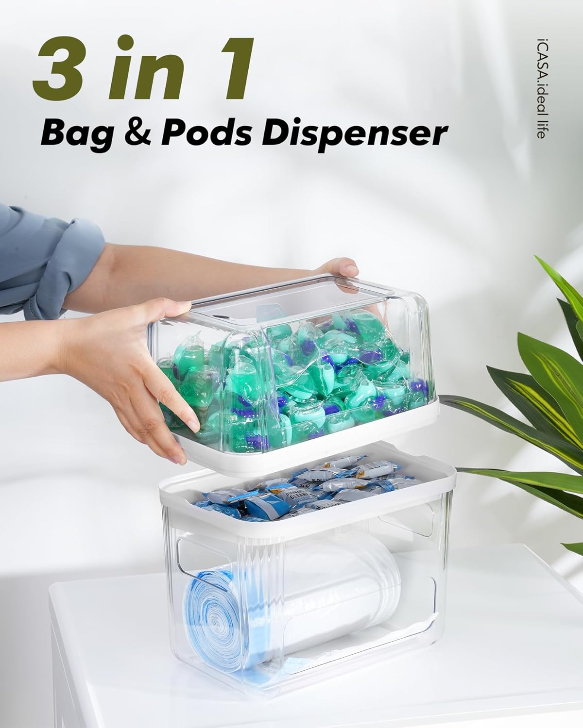 iCASA Trash Bag Dispenser and Dishwasher Pod Organizer, 3 in 1 Dish Pod and Trash Bag Holder Large Garbage Bag Dispenser, Laundry Detergent Pods & Tabs Container Kitchen Under Sink Organizer