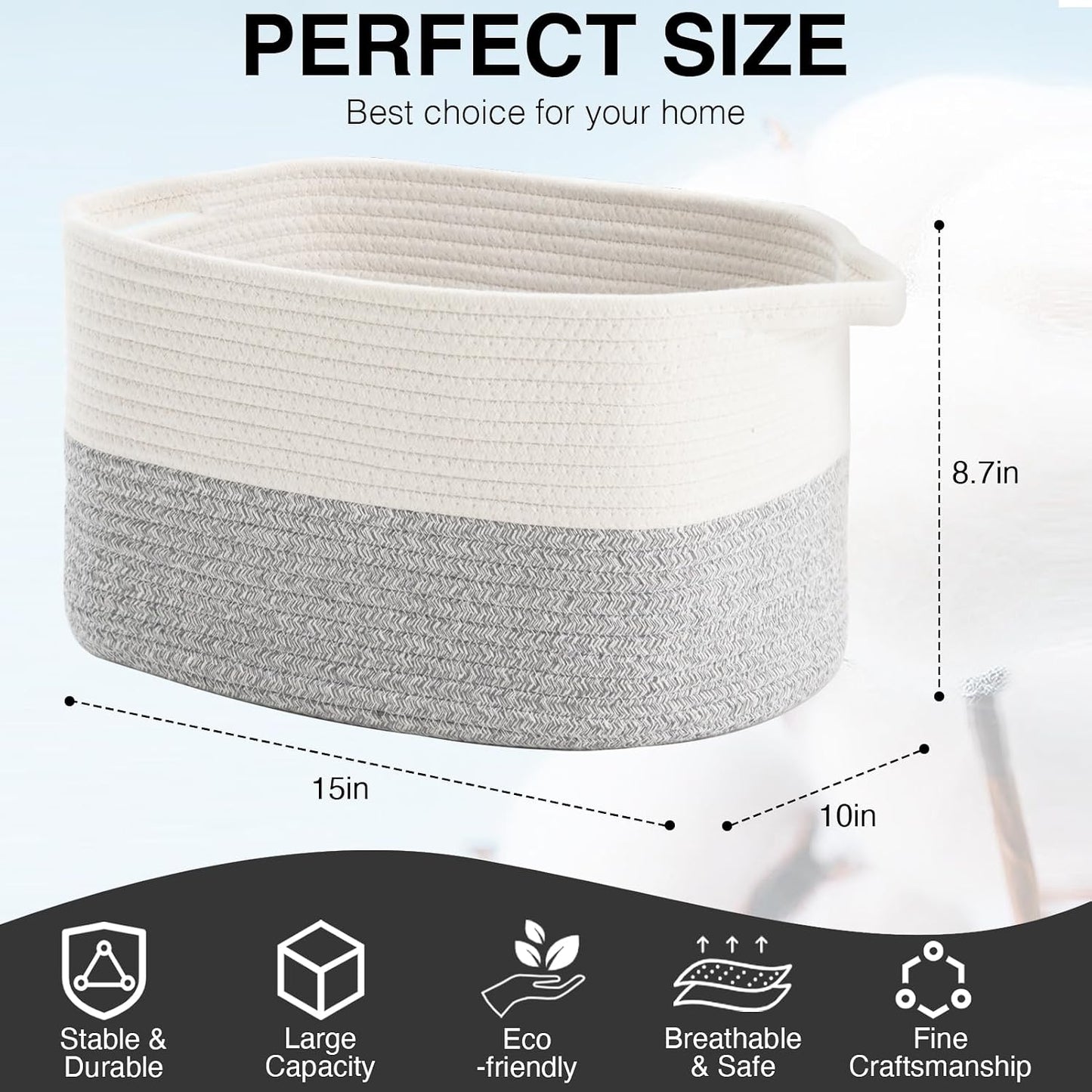 DUHEL Cotton Rope Woven Storage Basket(White&Grey-3PCS) | Used for Baby Hamper Toy Organizer, Gift Baskets Empty,Kids,Baby,nursery. Size 15x10x8.7 Inches.