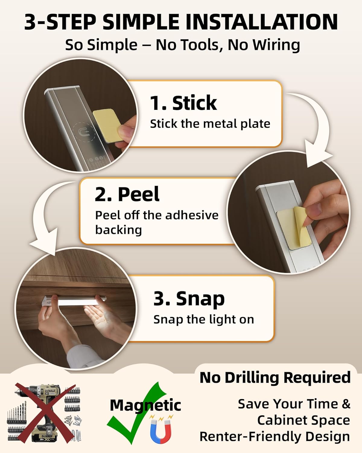 6-Pack Under Cabinet Lighting, 34 LED Rechargeable Battery Motion Sensor Light Indoor, Dimmable & 3 Color Temps, Magnetic Closet Lights, Wireless Under Counter Lights for Kitchen (8inch)