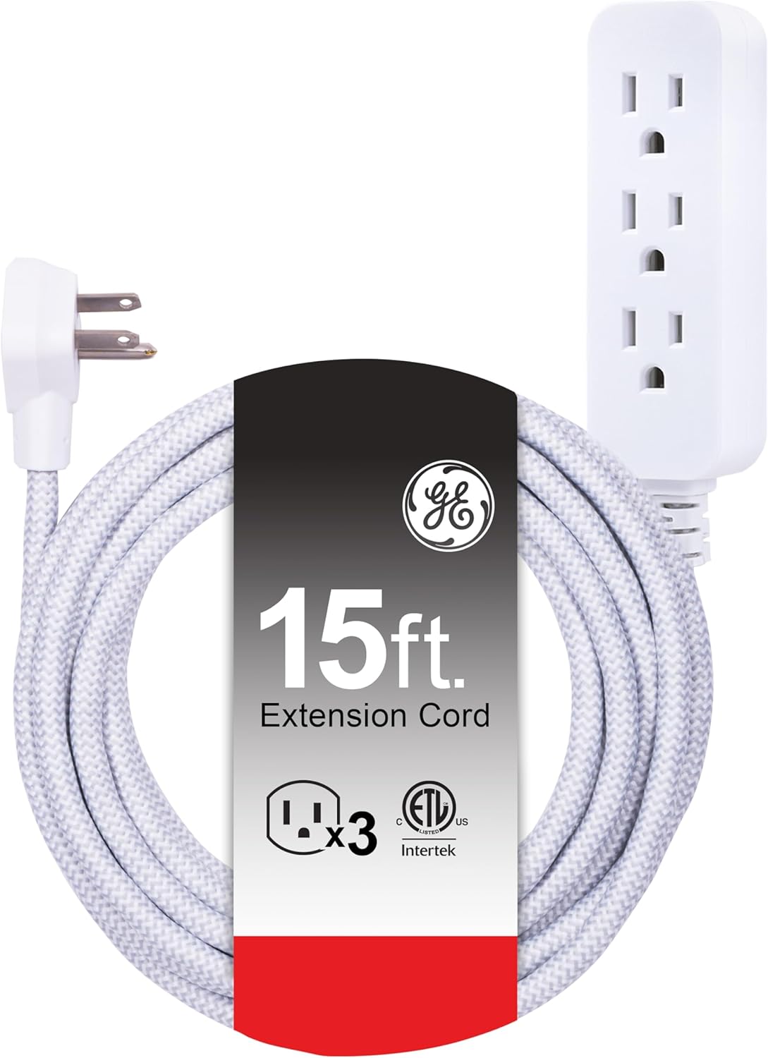 GE 3-Outlet Power Strip 8 Ft Braided Extension Cord with Multiple Outlets Grounded Flat Plug ETL Listed White 38433