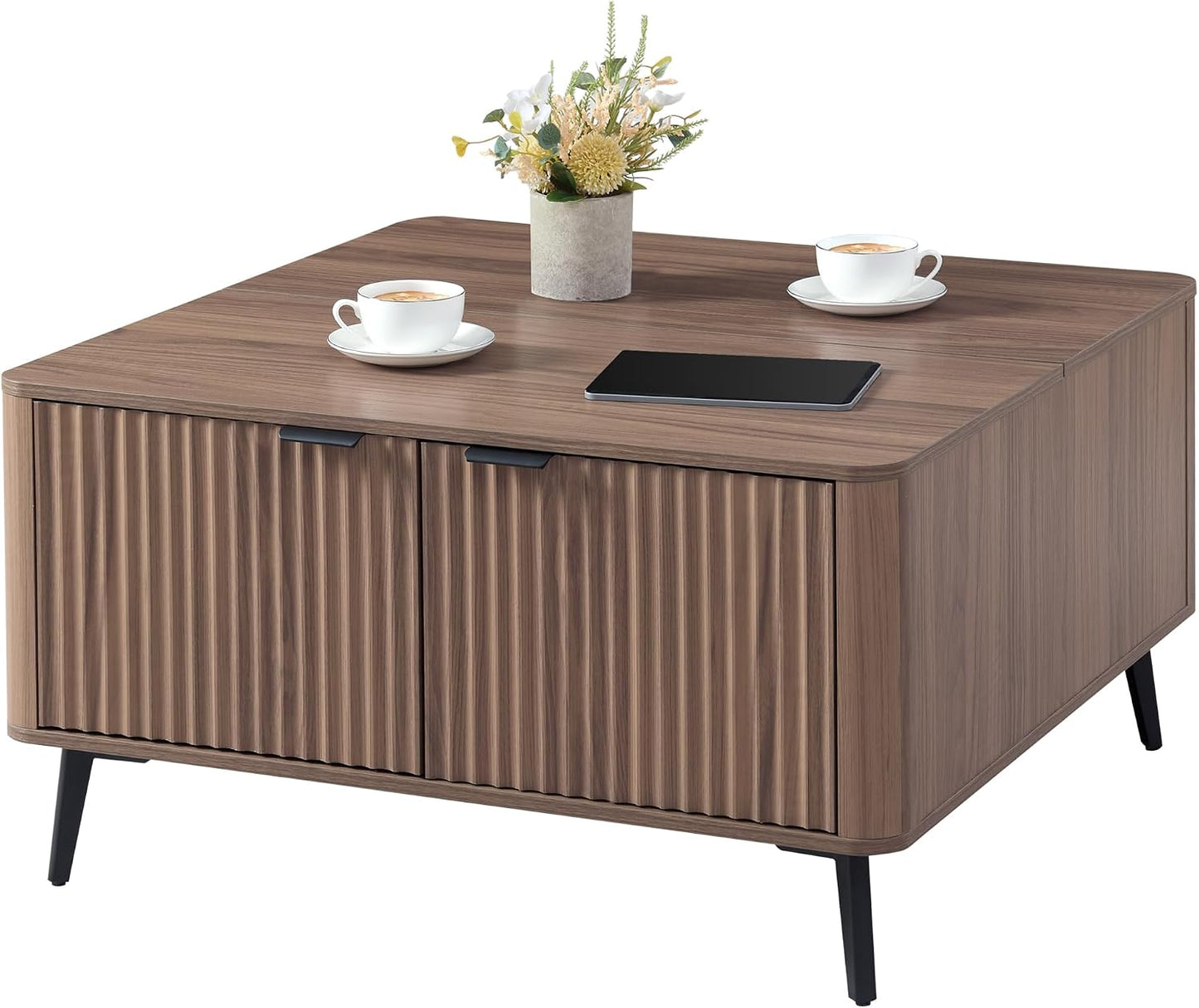 Fatmok Large Lift Top Coffee Table with Hidden Compartment, 35.4" Wide Oversized Square Coffee Table with Storage, Mid Century Modern Fluted Center Table for Home Living Room, Brown