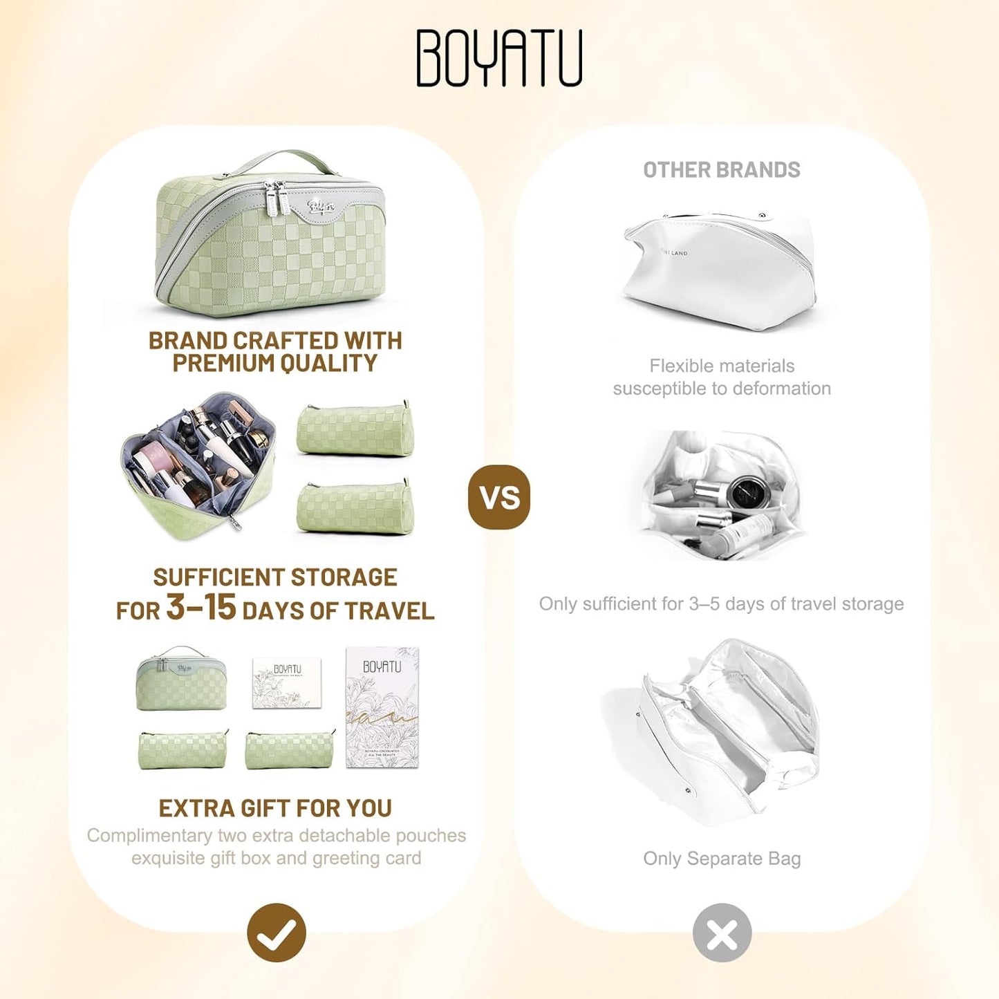 BOYATU Travel Makeup Bag Organizer: 3 Pcs Set Large Capacity Cosmetic Bags Holds 10–20 100ml Full-Size Bottles - 180°Open-Flat Make up Case 3-sec touch-up - Toiletry Bag Gift women (01-D-Green)