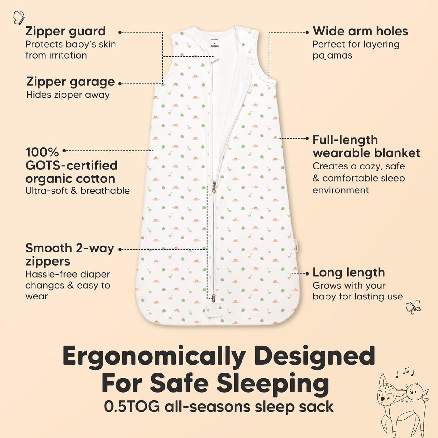 2-Pack Baby Sleep Sacks, Zipper Wearable Blanket - 0.5TOG Organic Cotton,Lightweight,Soft Cozy Toddler Sleeping Sack 6-12 months, Easy to Wear Large Newborn Transition Swaddles Sleepsacks(Roarsome, M)