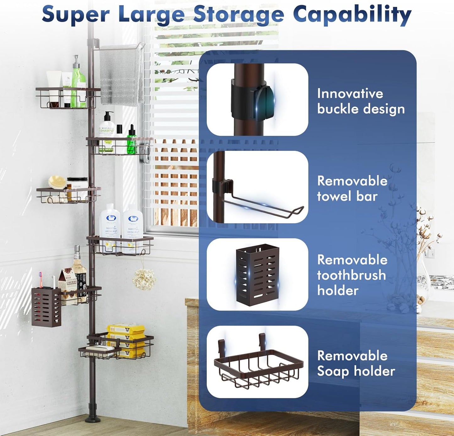 Vatex Corner Shower Caddy Tension Pole,Adjustable 30-120 Inch Bathroom Organizer Storage,Rustproof 6-Tier Shower Corner Shelves,Towel Rack, Toothbrush Holder, Soap Dish Organizers