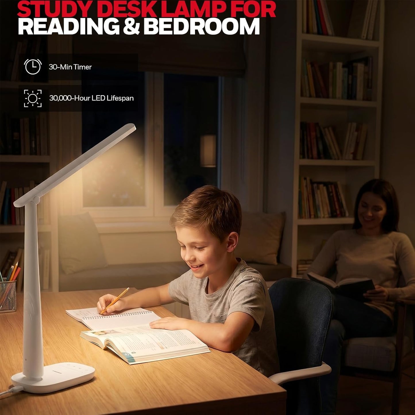 Honeywell LED Desk Lamp for Home Office, Eye-Caring Dimmable Reading Light with 4 Color Modes, Touch Control, USB-A & USB-C Charging Ports, Adjustable Head, Timer for Bedroom & Small Desks