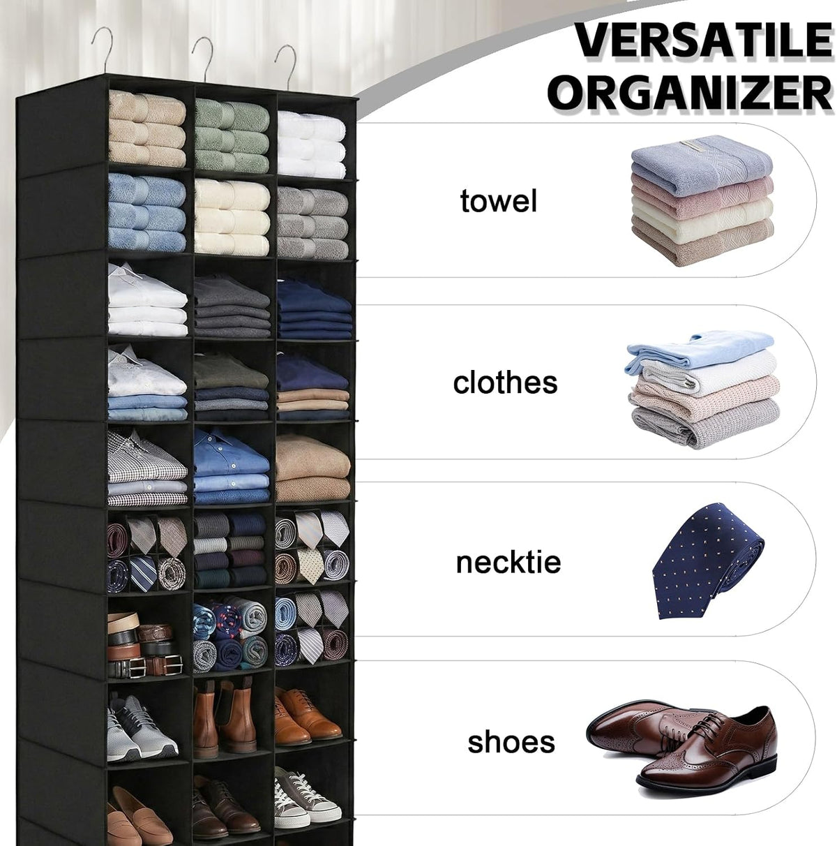 30 Section Hanging Shoe Organizer for Closet, Black