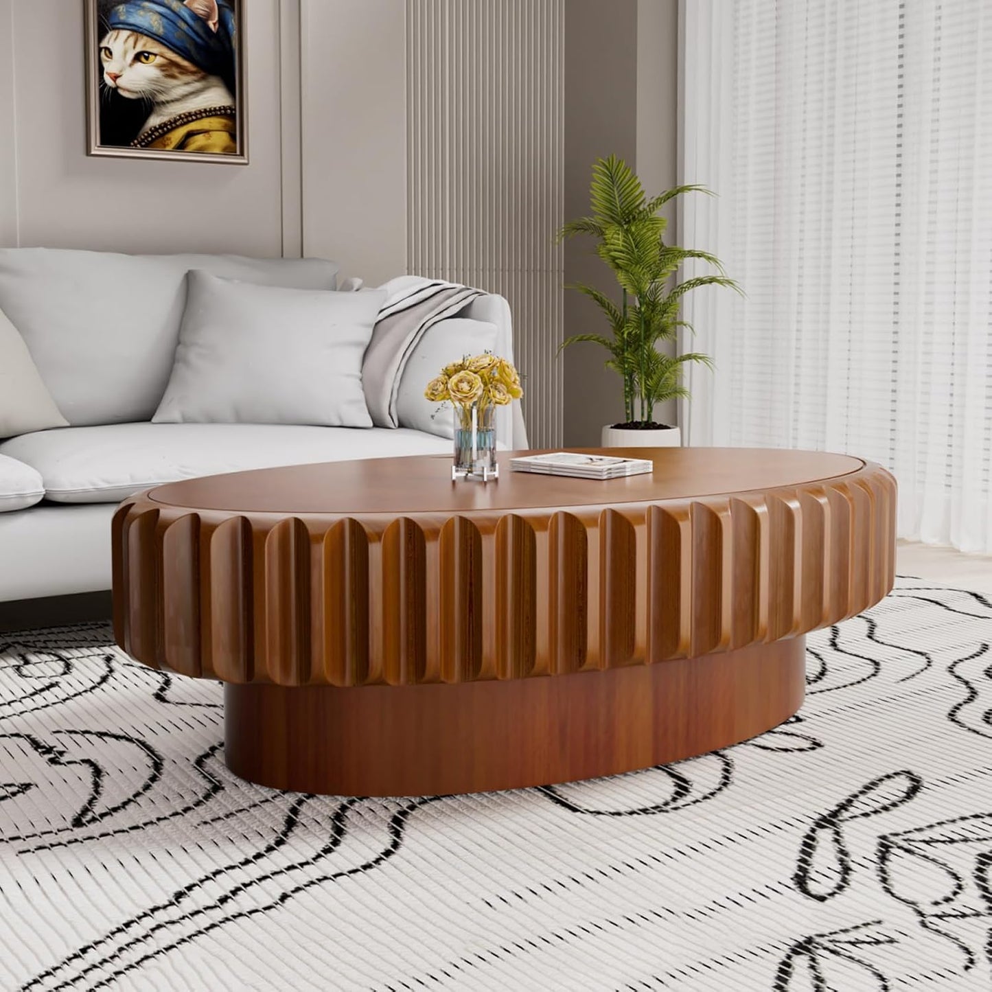 Chic Drum Coffee Table with Storage (D 43.3in) | 43.3" Rustic Oval Center Table - Solid Wood Fluted Veneer | Easy Assemble | for Living Room Apartment