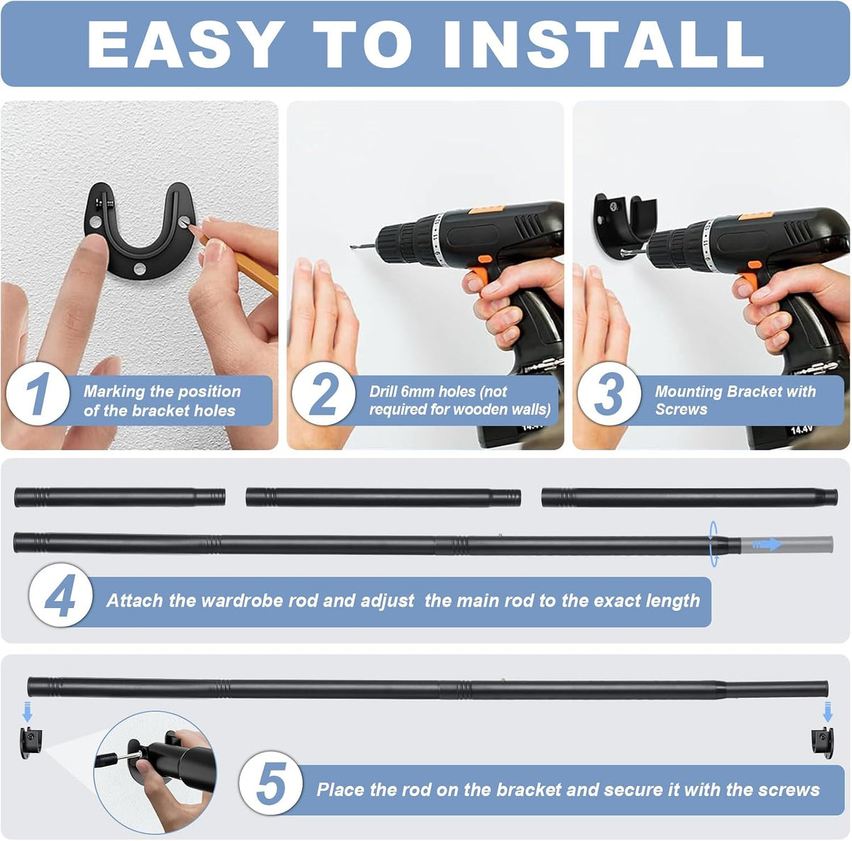 Closet Rods For Hanging Clothes,17-39 Inches Stepless Spring Adjustable Closet Rod With bracket U-shaped,1.3 Inches Heavy Duty Closet Hanging Rod For Wardrobe,Laundry room,Bathroom And Windows