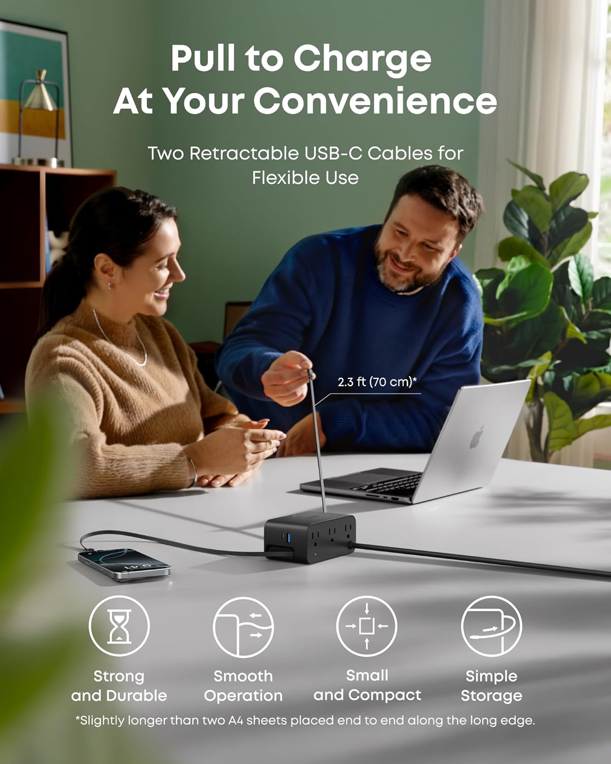 Anker Nano Charging Station, 100W 7-in-1 Power Strip, 2.3ft InstaCord Retractable Cable, Gaming Desk Accessories for Multiple Devices, 3 AC, 3 USB C, 1 USB A, MacBook Charger, Home Office(Non-Battery)