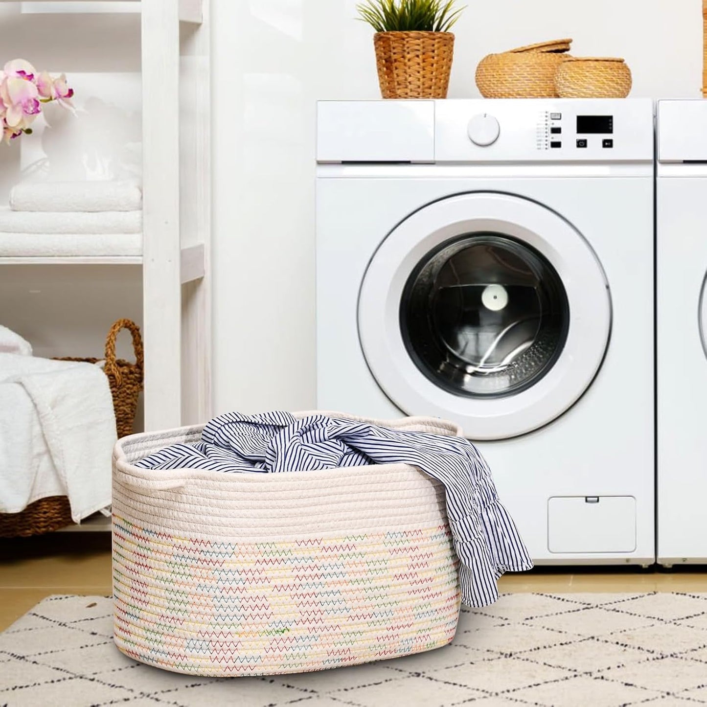 DUHEL Cotton Rope Woven Storage Basket(White&Colored Stitching-3Pcs) | Used for Baby Hamper Toy Organizer, Gift Baskets Empty,Kids,Baby,nursery. Size 15x10x8.7 Inches.