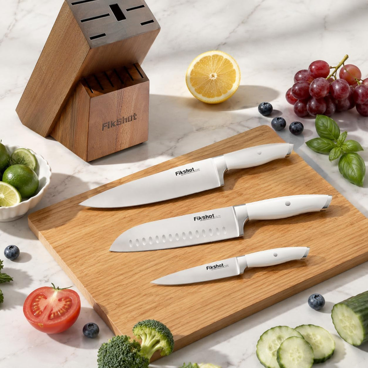 Fikshot 14-Piece Knife Set – German High Carbon Stainless Steel, Professional Chef Knives with Block & Sharpener, Elegant White, Dishwasher-Safe, Modern Kitchens, Ideal Gift for Chef & Father's Day