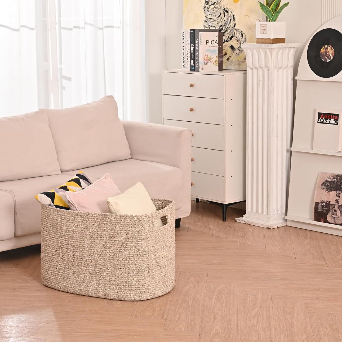 ICERZCZ Large Storage Basket for Organizing, Blanket Basket for Living Room, Large Toy Baskets for Storage, Woven Cotton Rope Baskets for Blankets, Clothes, Shoes, Brown, 25”x16”x16” (105L)