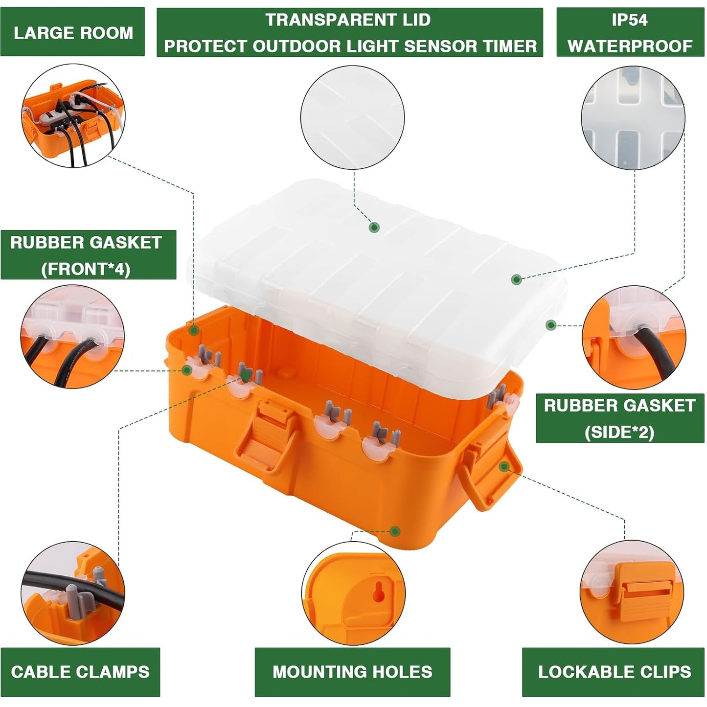 Flemoon Large Outdoor Electrical Box, Waterproof Extension Cord Cover | 6 Cable Entry Ports, IP54 Weatherproof Connection Box with Clear Lid for Photocell Light Sensor Timer, Outlet, Socket, Orange