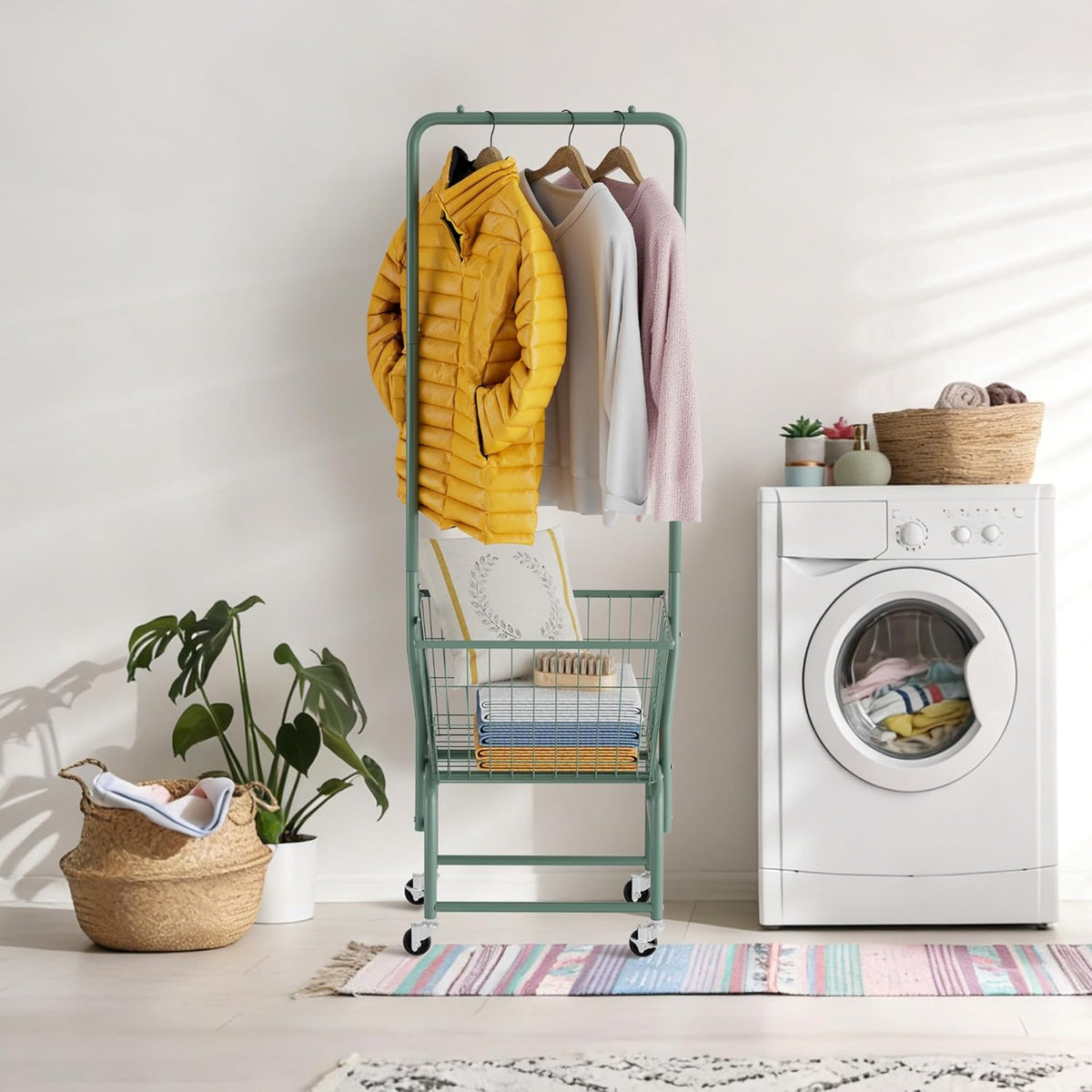 Rolling Laundry Cart with Wheels, Laundry Hamper Basket Organizer with Clothes Hanging Rack, Wire Storage Cloth Shelf Butler, Green