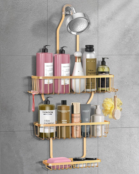 Shower Caddy Hanging - Never Rust Shower Hanging Organizer - Aluminum Over the ShowerHead Caddy with Soap Basket and 6 Razor/Sponge Hooks (Gold)