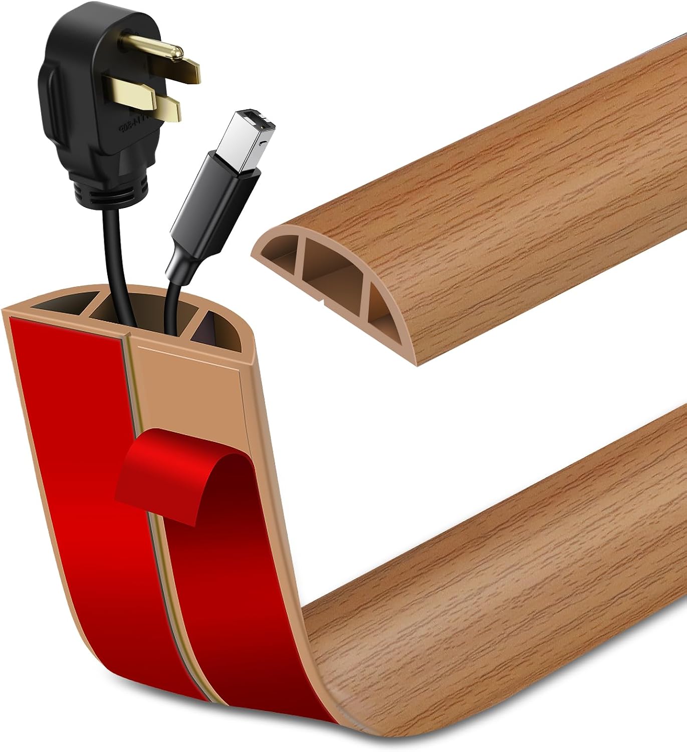 LSGCQ Floor Cord Cover Self Adhesive Cord Hider Floor Cable Management | Cord Covers for Wires on Floor Cable Cover, Prevent Cable Trips, Cable Cavity 0.59" W x 0.31" H, 20Ft, Light Brown Wood