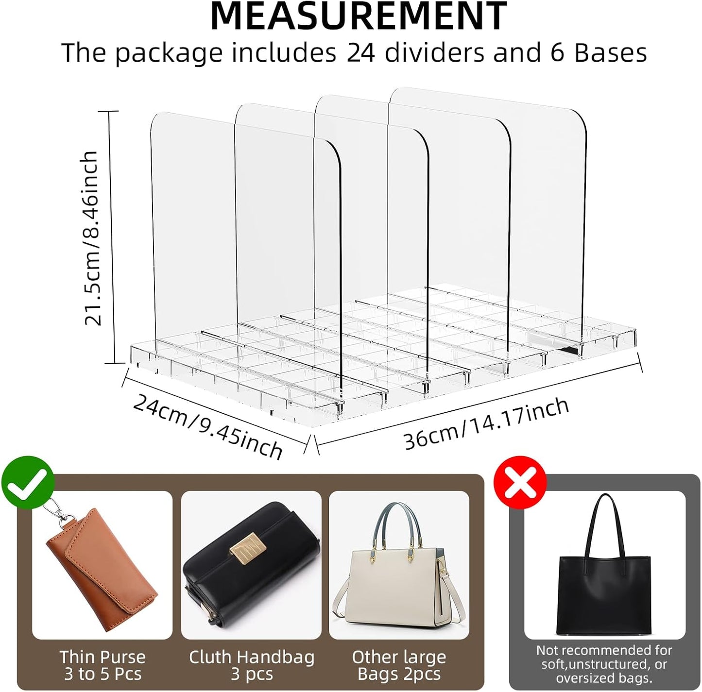 Stackable Bag & Purse Organizer for Closet Acrylic Shelf Dividers for Closet Organization, Clear Handbag Purse Storage Organizer Divider, Keep Clutch, Wallet, Pocketbook Upright, 6 Pack