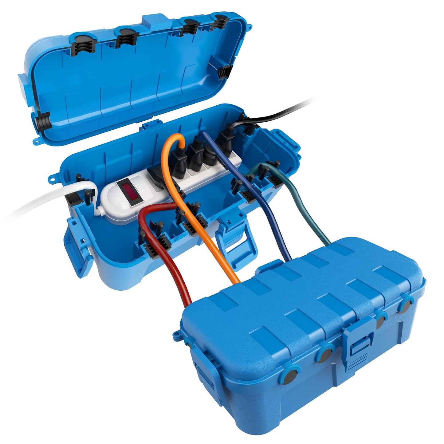 Flemoon Medium Outdoor Electrical Box, IP54 Waterproof Extension Cord Cover | Inner Size 9.4 x 4.3 x 3.2 Inch, 6 Cable Entry Ports, Weatherproof Connection Box for Outlet, Holiday Lights, Blue, 2 Pack