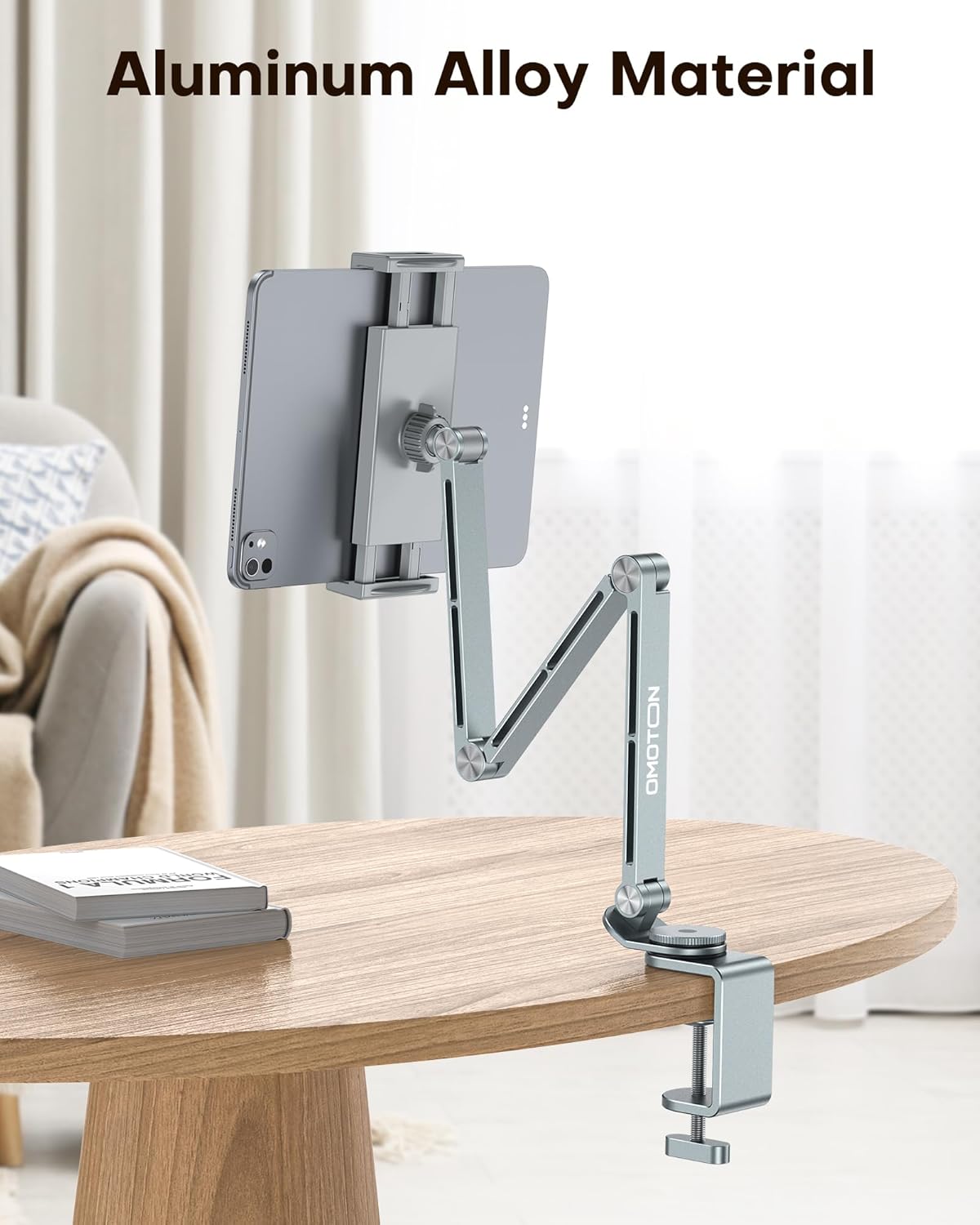 OMOTON Tablet Stand for iPad with 360° Rotation, GH03 Aluminum Alloy Long Arm Phone Mount with 2 Plastic Clamps (Phone & Tablet), Adjustable Holder for 4-13" iPad Pro/iPhone, Grey