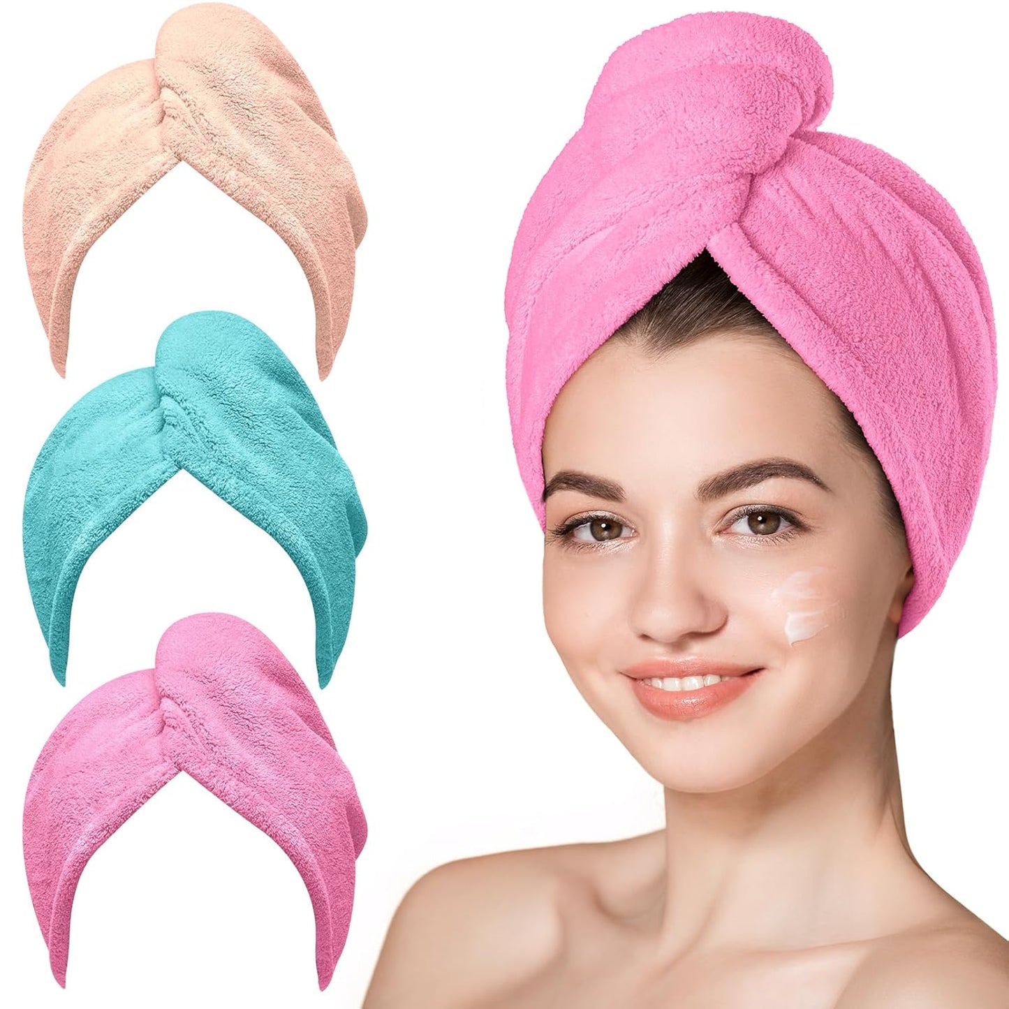 Hicober Microfiber Hair Towel, 3 Packs Hair Turbans for Wet Hair, Drying Hair Wrap Towels for Curly Hair Women Anti Frizz (Light Aqua,Peachy Coral, Sweet Pink)