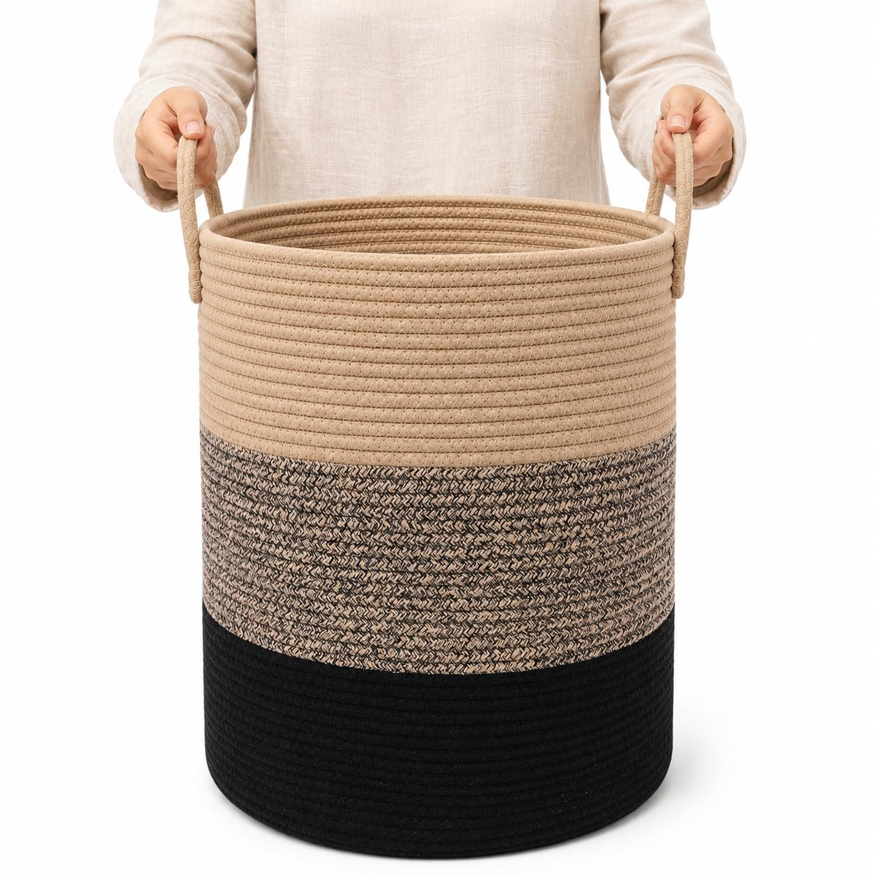 OrganiHaus Tall Cotton Rope Laundry Basket & Hamper, Blanket Storage 52L | 3-Toned Brown - Tall Cotton Rope Hamper, 52L