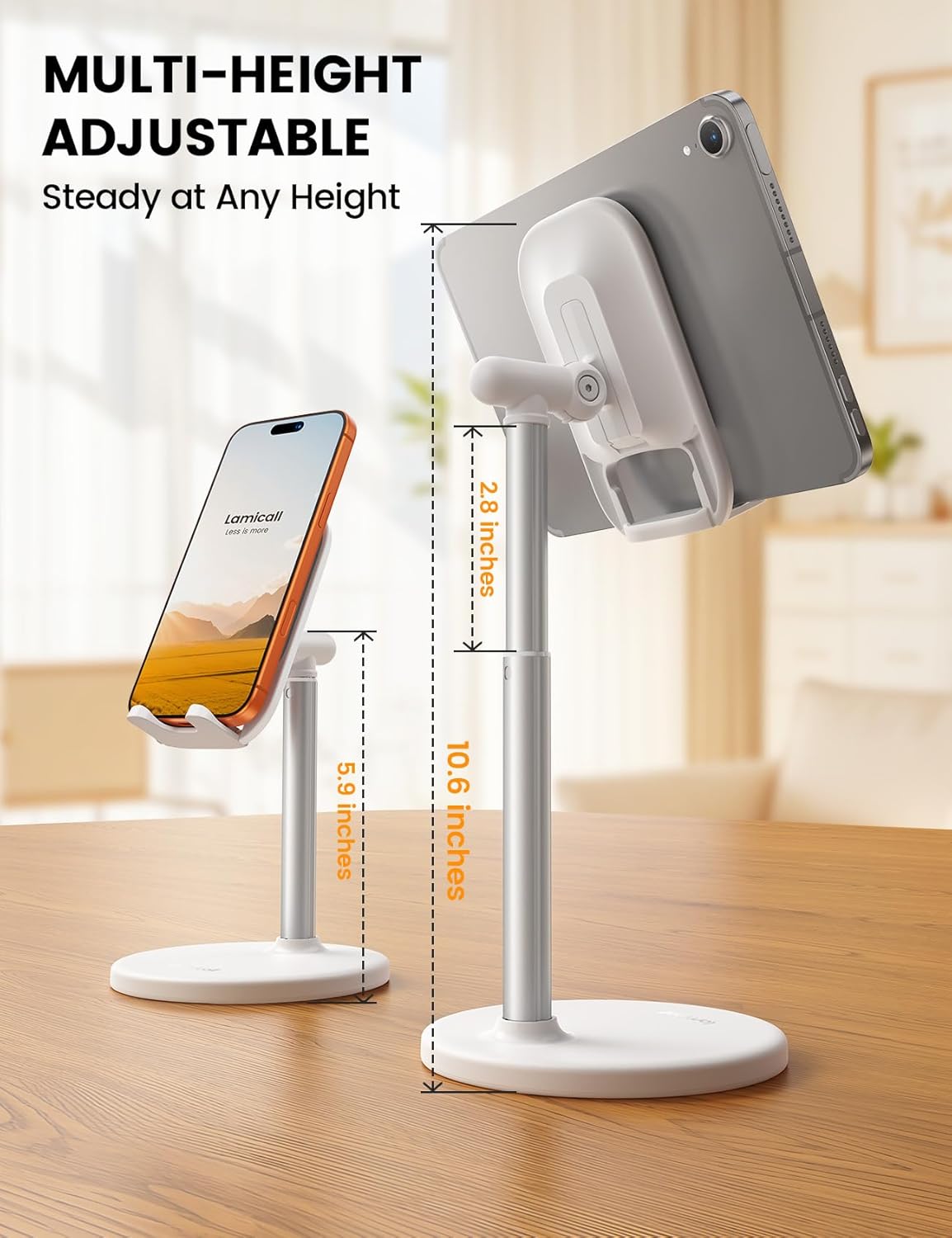 Lamicall Height Adjustable Phone Stand - White Sturdy Desktop Cell Phone Holder, Computer Office Desk Accessories for Women Kitchen Essentials, for iPhone iPad Tablet, 4-10"