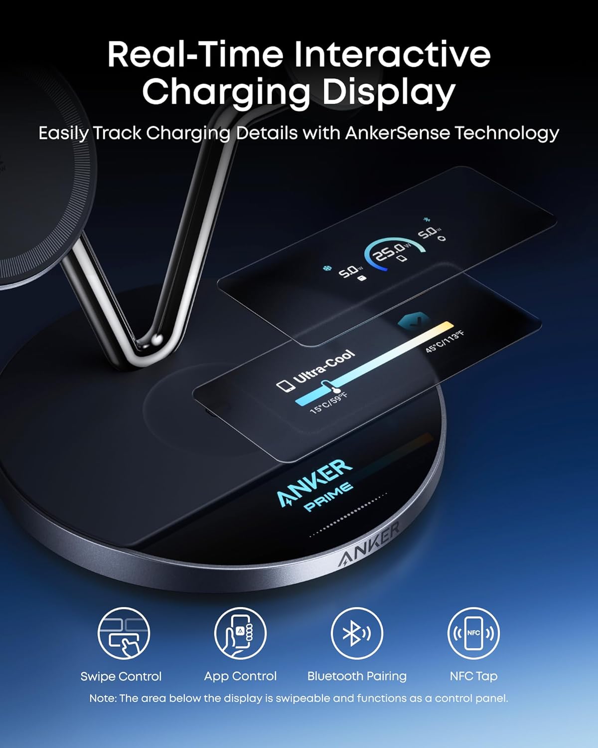 Anker Prime 3-in-1 Charging Station, Qi2.2-Certified 25W Wireless Charger Dock Stand, MagSafe Compatible, Smart Display with TEC Active Cooling, for iPhone 17, Apple Watch, AirPods, and More