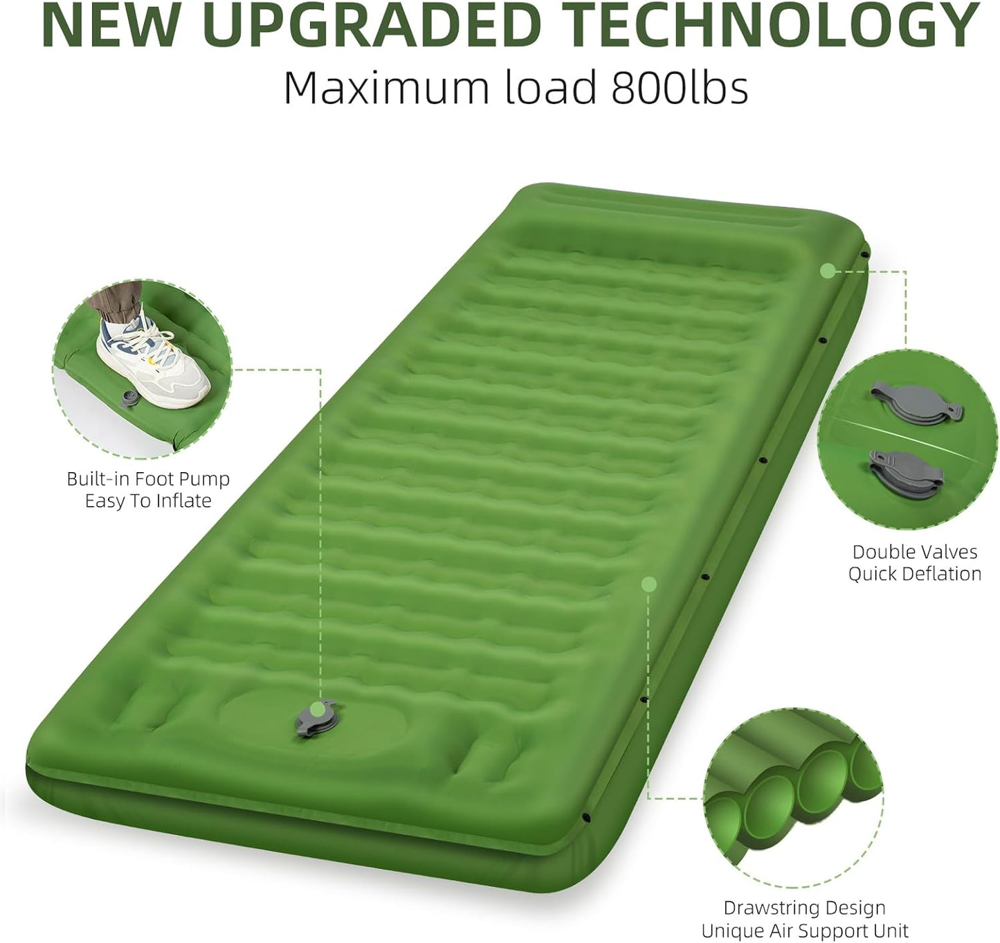 FNARMW Camping Sleeping Pad, Extra Thick 5 Inch Camping Mat with Pillow Built-in Foot Pump Inflatable Sleeping Pads Compact for Camping Backpacking Hiking Traveling Tent（Green）