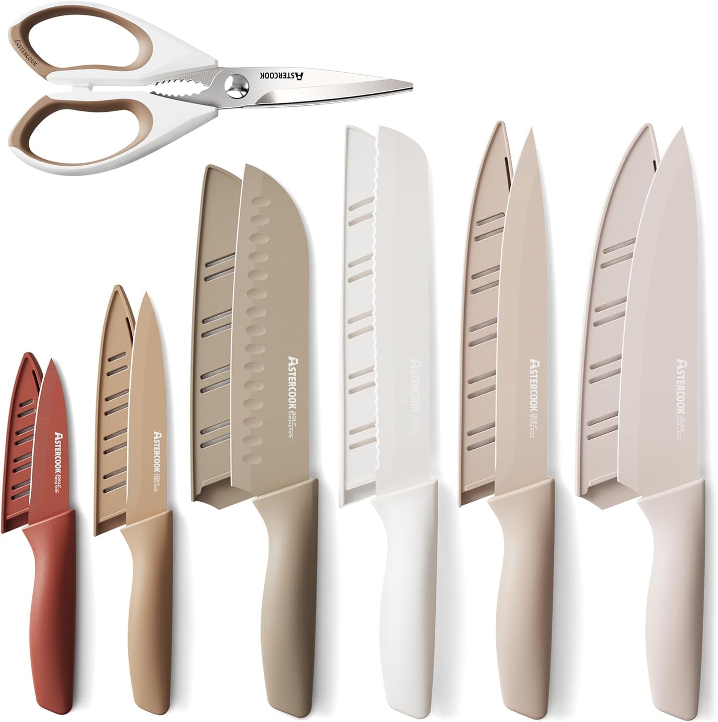 Astercook Knife Set, 13 Pieces Kitchen Knives Set with Healthy Anti-Rust Coating, Dishwasher Safe, Stainless Steel Chef Knife Sets with 6 Blade Guards, Fathers Day Gift for Men