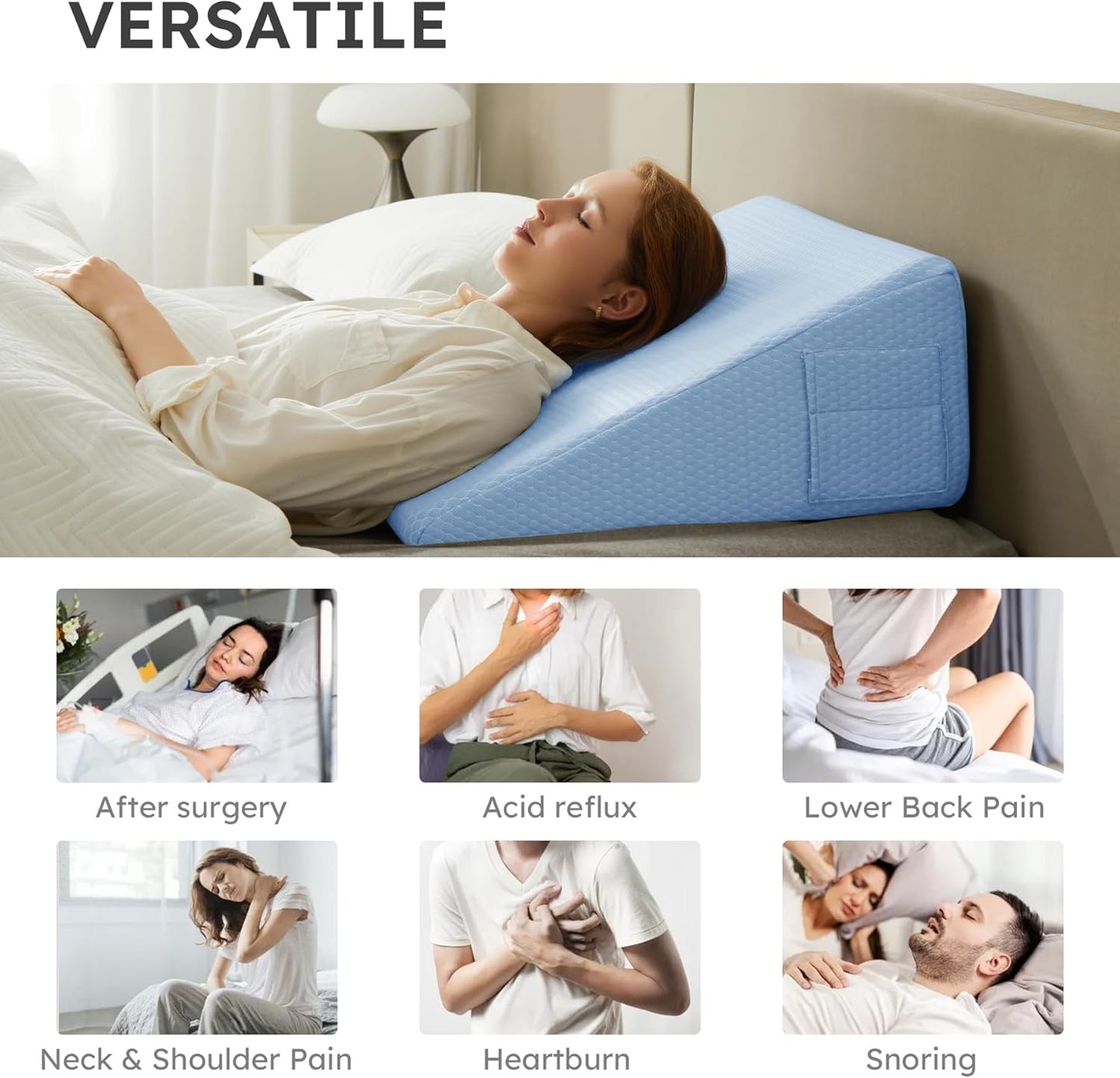 Bedluxe Wedge Pillow, 10 inch Bed Wedge Pillow for Headboard, Pillow Wedge for Acid Reflux Relief, Sleeping, After Surgery, Snoring, Gerd, Triangle Pillow Wedge - Cooling Memory Foam Top, Light Blue