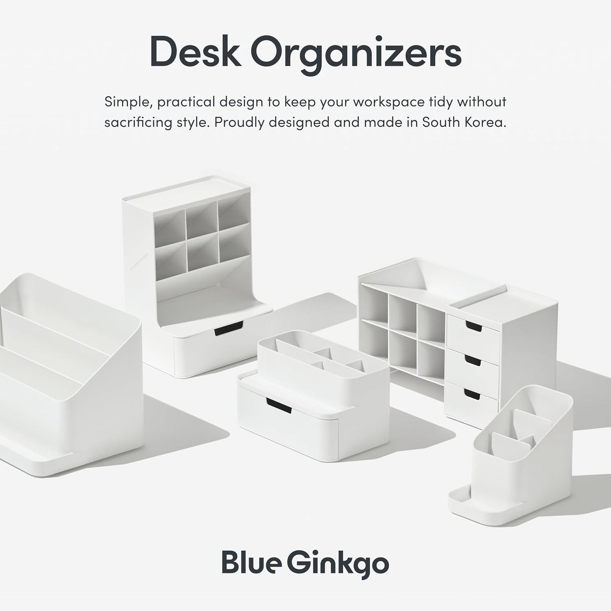 BLUE GINKGO Compact Desk Organizer, White, Made in Korea