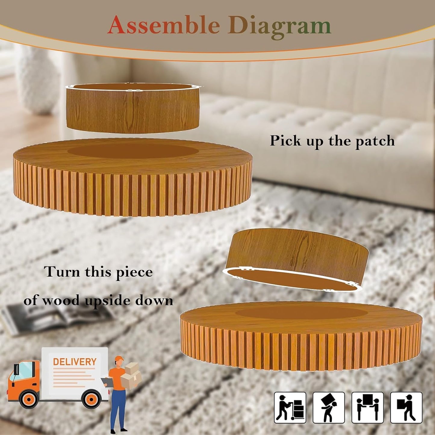 Handcraft Fluted Coffee Table with Sturdy Pedestal (Oval Wood 43.3in) | 43.3" Oval Drum Center Tables | for Living Room Apartment Farmhouse | Easy to Assembly