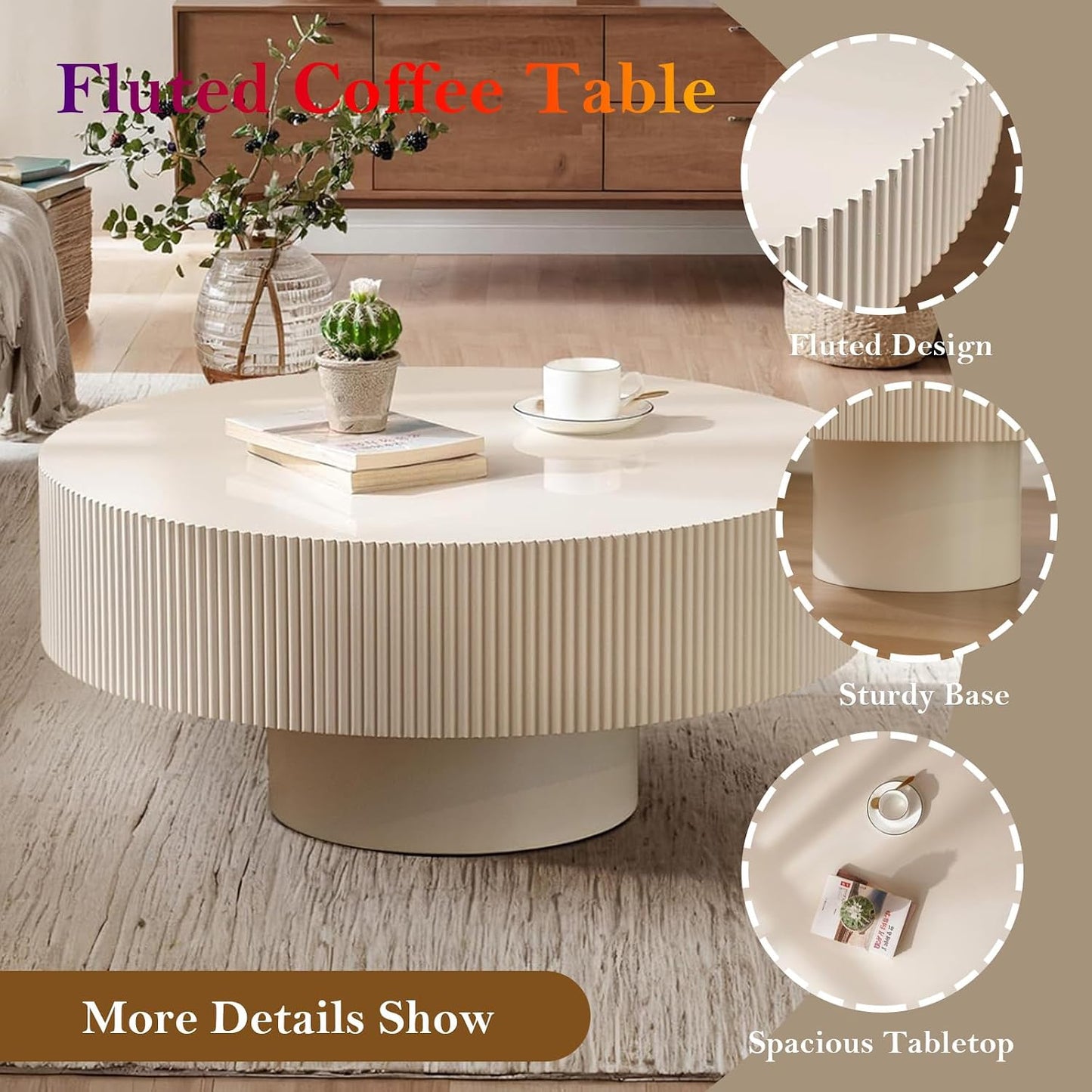 Ivory White Round Fluted Coffee Table (Lvory White Thicken 30.71in) | Rustic Circular Pedestal Center Table, with Round Thicken Tabletop & Sturdy Pedestal | for Living Room Study Farmhouse