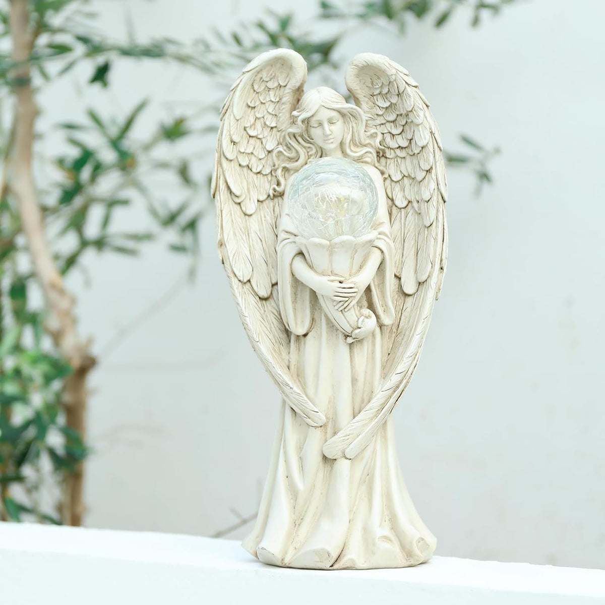 Garden Angels Outdoor Statue, Solar Angel with Crackled Glass Globe Outdoor
