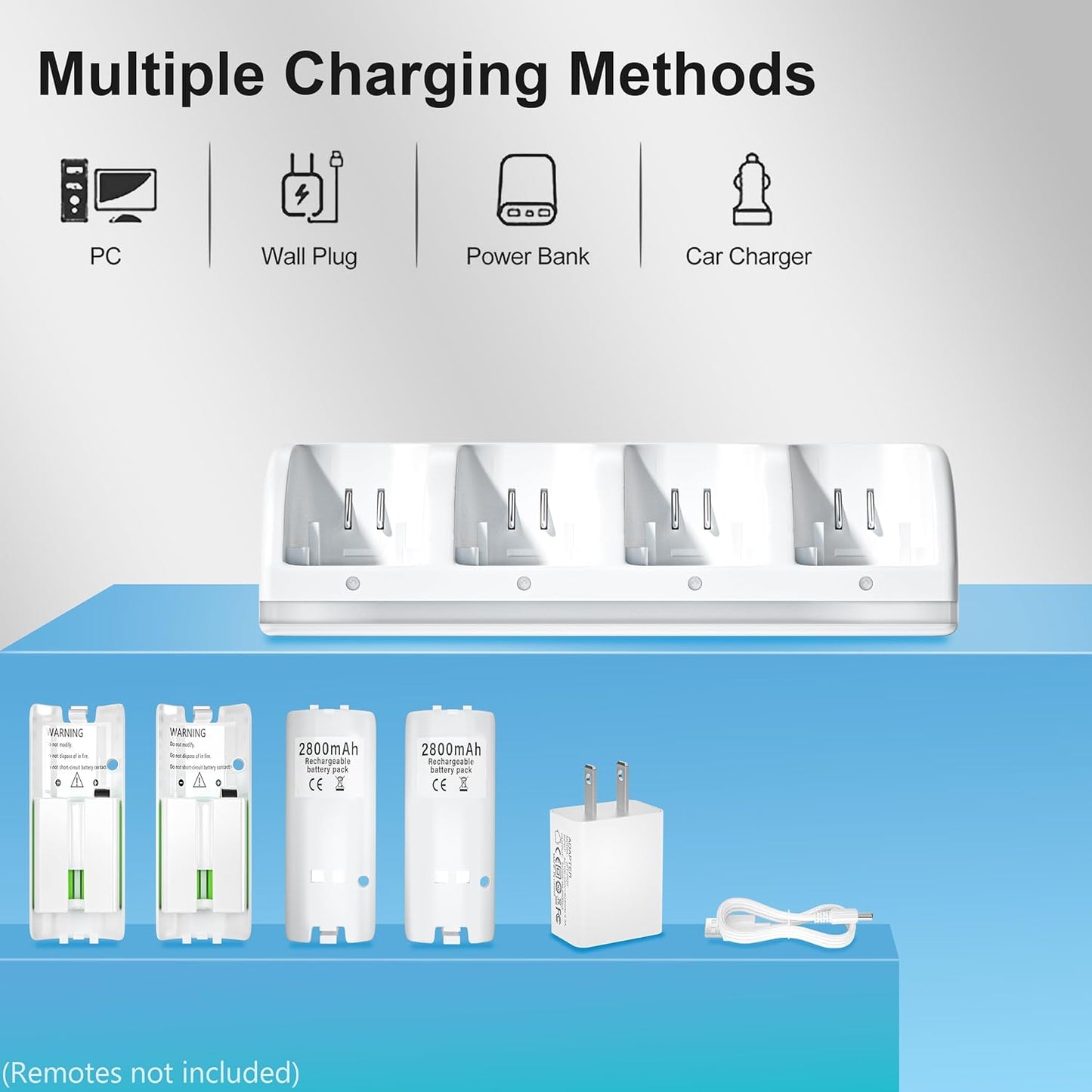 4-in-1 Charging Station for Wii&Wii U Remote Controller,Charger with 4 Rechargeable Battery Packs (4 Port Charging Station+4 pcs 2800mAh Replacement Batteries+USB Cable),Remote Not Included