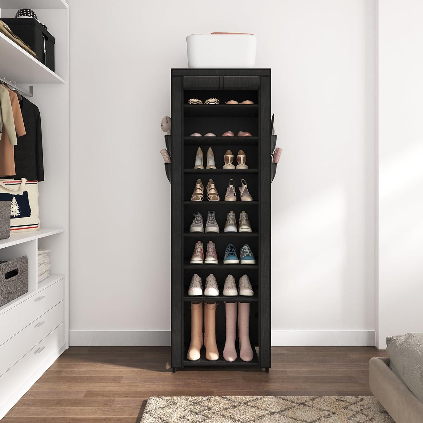 VILICK Shoe Rack with Cover Narrow Shoe Organizer with 4 Side Pockets 10 Tier Tall Shoe Storage Holds 18-22 Pairs Shoes and Boots Shoe Rack for Closet Entryway Garage