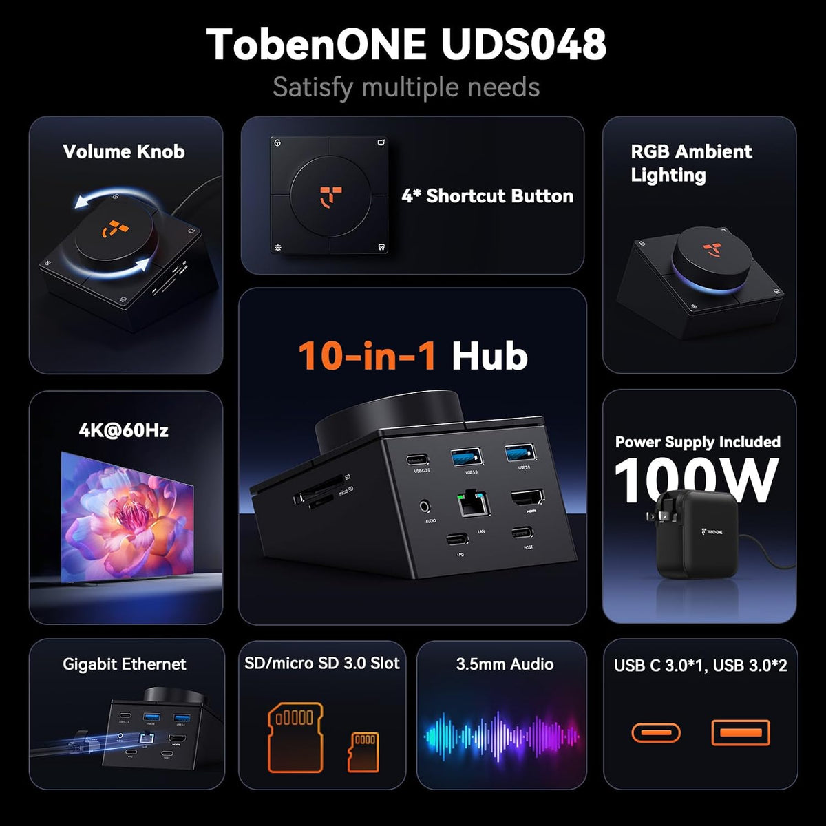 TobenONE 10-in-1 USB C Hub with Shortcut Keys, Volume Knob, 4K HDMI