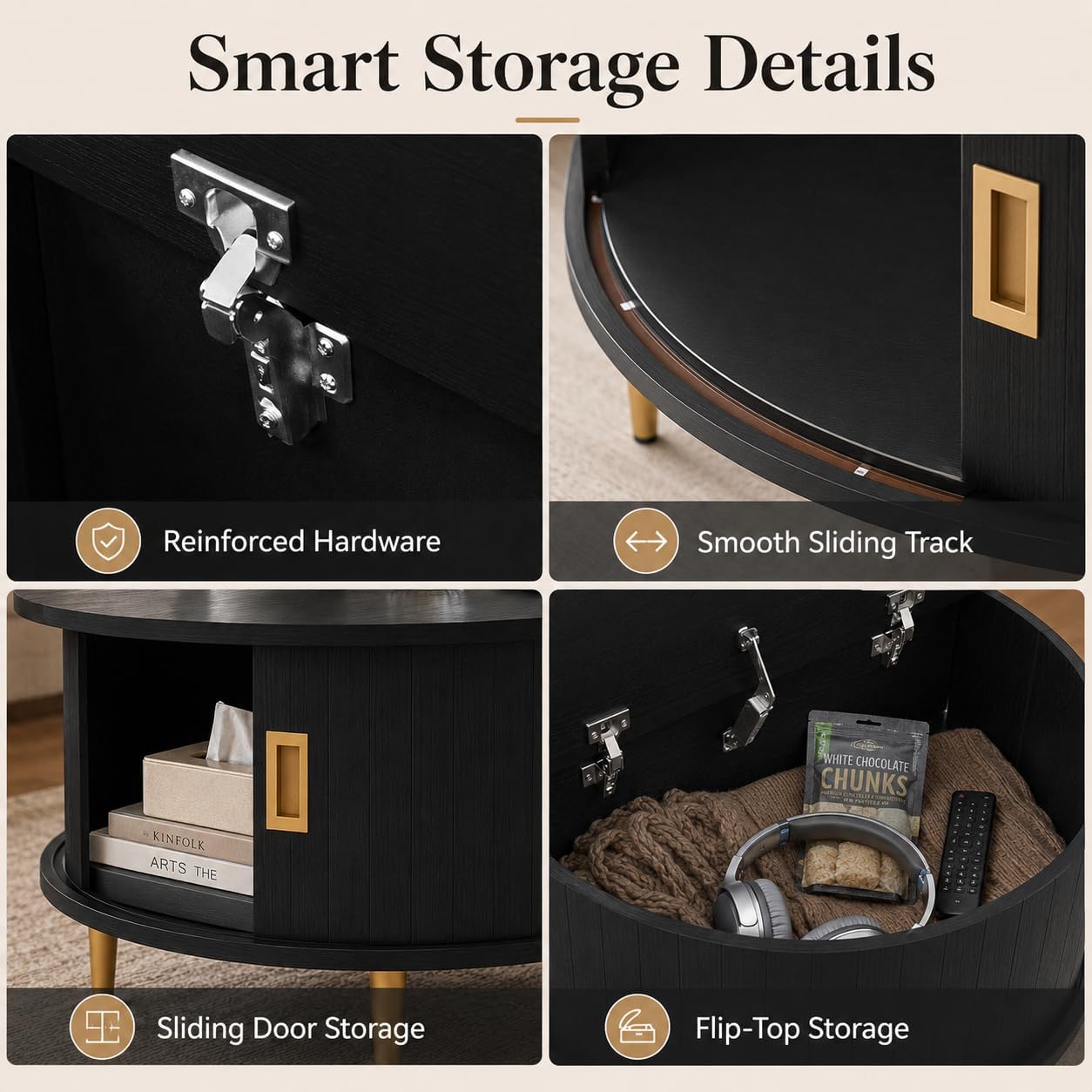 ARTPOWER 31.5" Round Coffee Table with Storage Mid Century Black Walnut | Easy Assembly,Solid Walnut,Heavy Duty,Flip Top Storage,Fluted Tambour Door,Water&Scratch Resistant Easy Clean,110lbs Capacity
