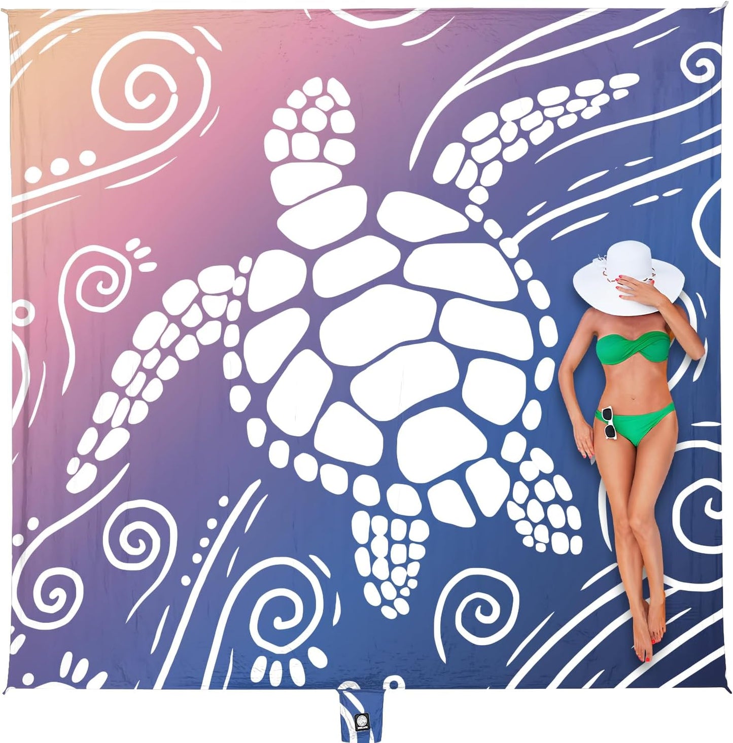 WEKAPO Beach Blanket Waterproof Sandproof Oversized Extra Large Sand Free Beach Mat with Stakes, Storage Bag - Essentials for Outdoor Beach, Picnic (Deep Blue Sea Turtle, 8 X 7 FT (1~4 Person))