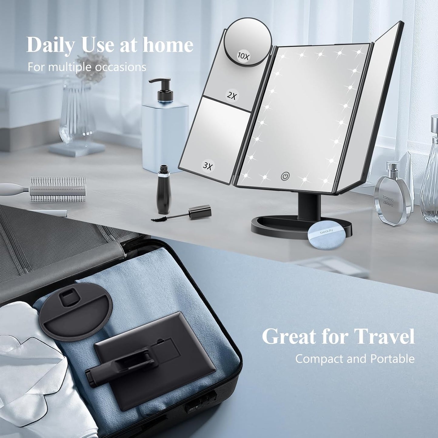 HUONUL Makeup Mirror, Vanity Mirror with Lights, 2X/3X/10X Magnification, Touch Control, Trifold, Dual Power Supply, Birthday Gifts for Women, Wife, Mom, Girls,Dorm Room Essentials